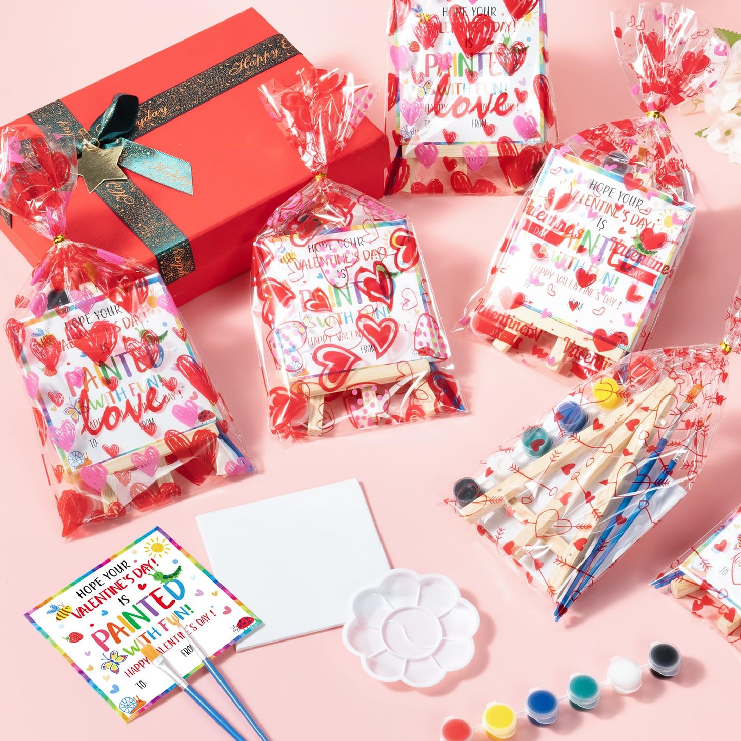 Asoulin 24-Set Mini Acrylic Paint Kit for Kids - Valentines Cards, Wood Easel & Canvases