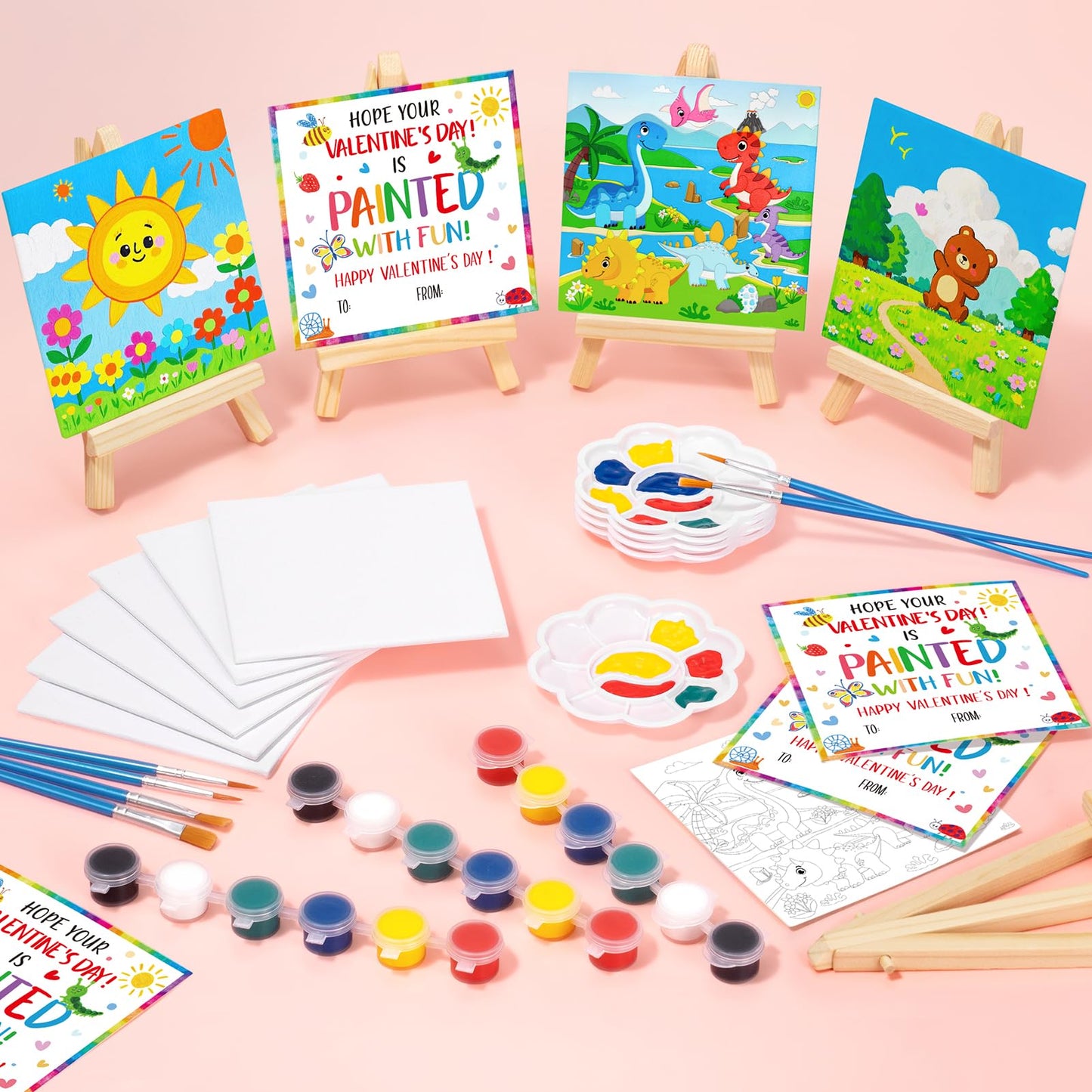 Asoulin 24-Set Mini Acrylic Paint Kit for Kids - Valentines Cards, Wood Easel & Canvases