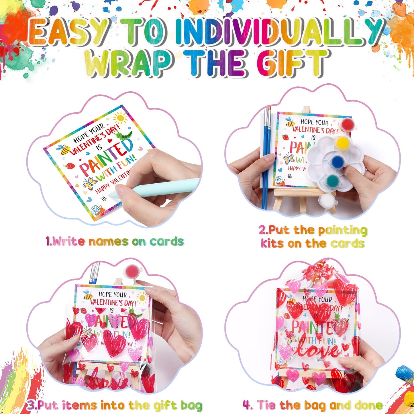 Asoulin 24-Set Mini Acrylic Paint Kit for Kids - Valentines Cards, Wood Easel & Canvases
