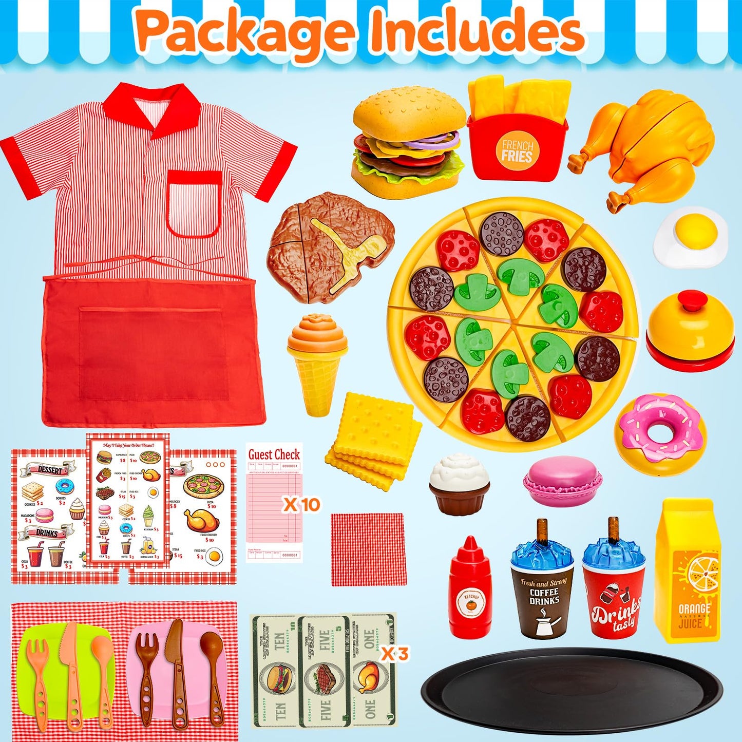 Assorty Restaurant Server Play Set for Kids 3-8 | Dress-Up, Play Food & Money