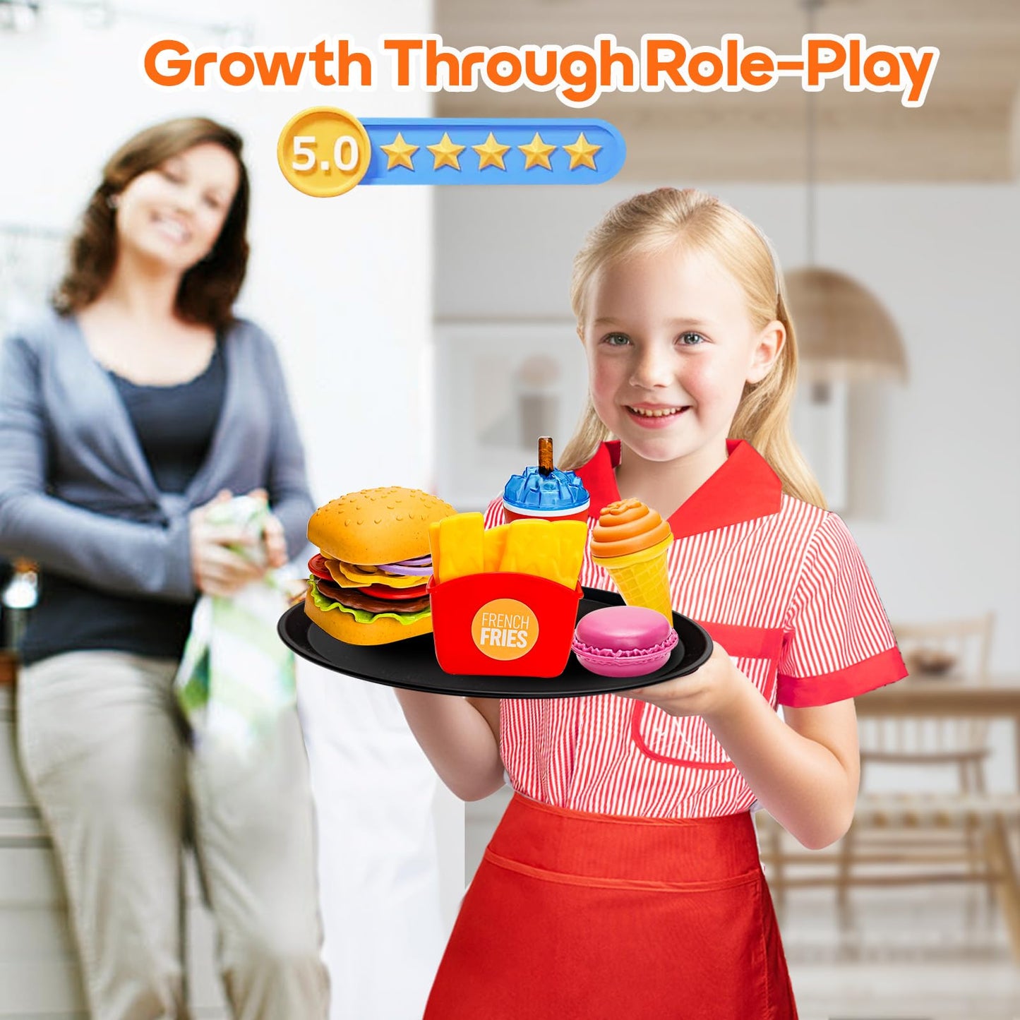 Assorty Restaurant Server Play Set for Kids 3-8 | Dress-Up, Play Food & Money