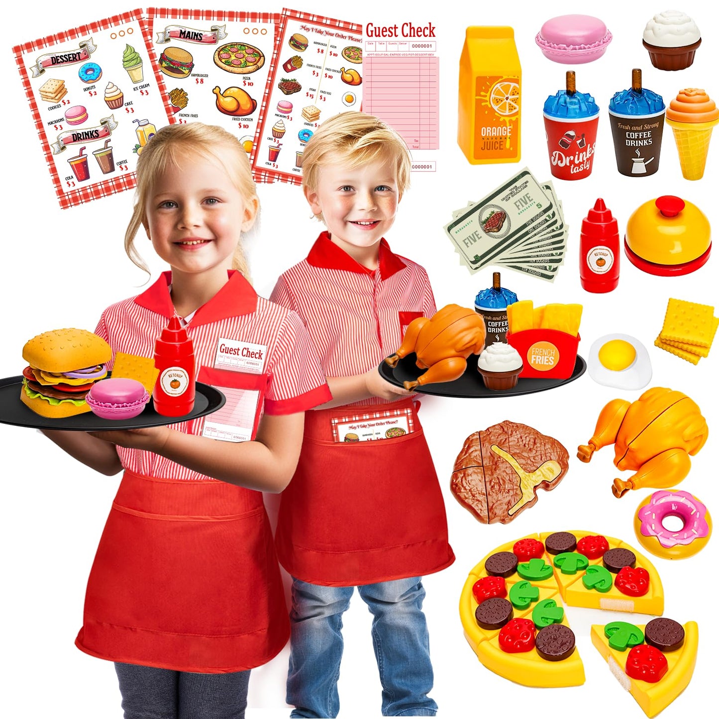 Assorty Restaurant Server Play Set for Kids 3-8 | Dress-Up, Play Food & Money