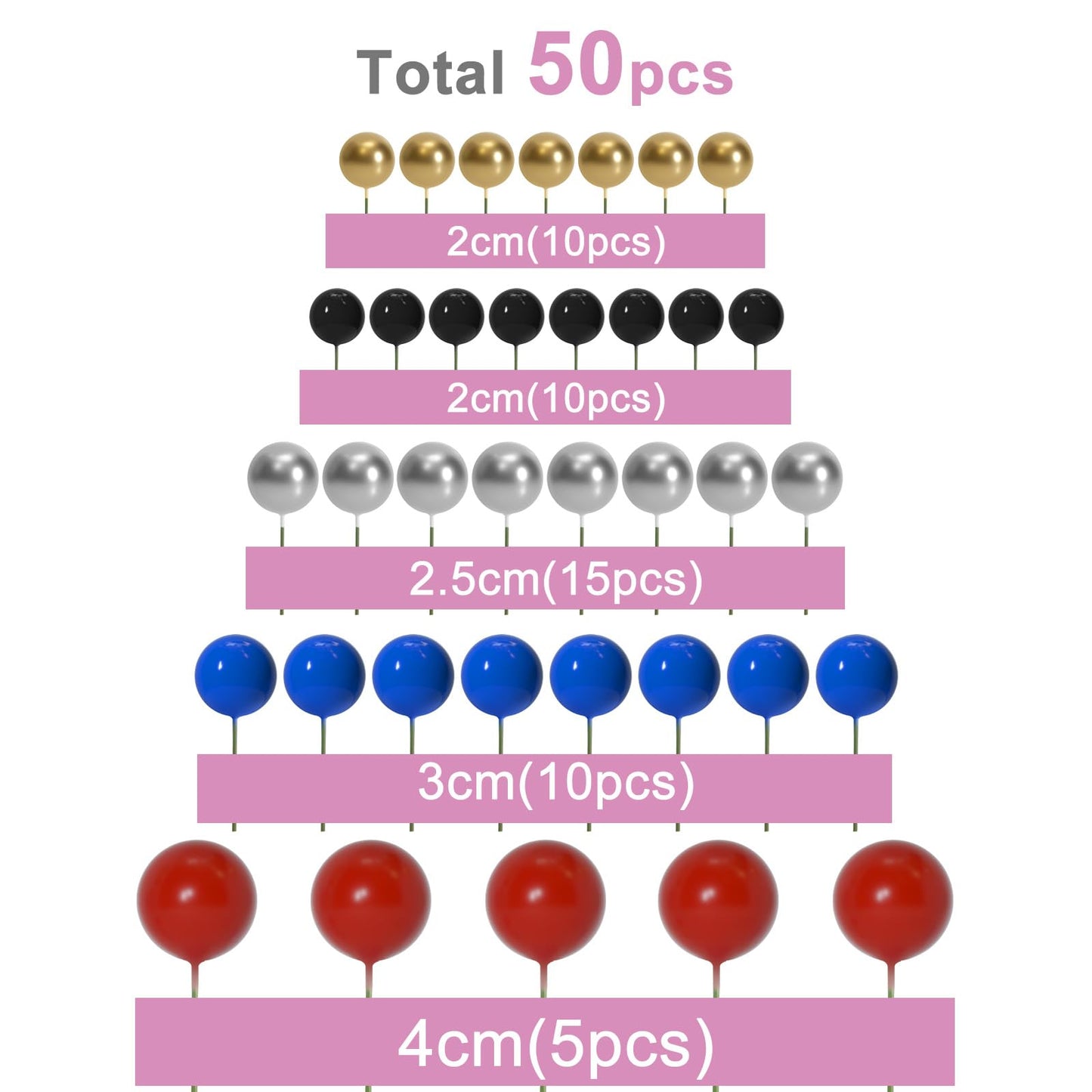 ASTARON 50 Pcs Ball Cake Toppers – Foam Ball Balloon Picks in Red, Blue, Silver, White, Gold | Cake Decorating