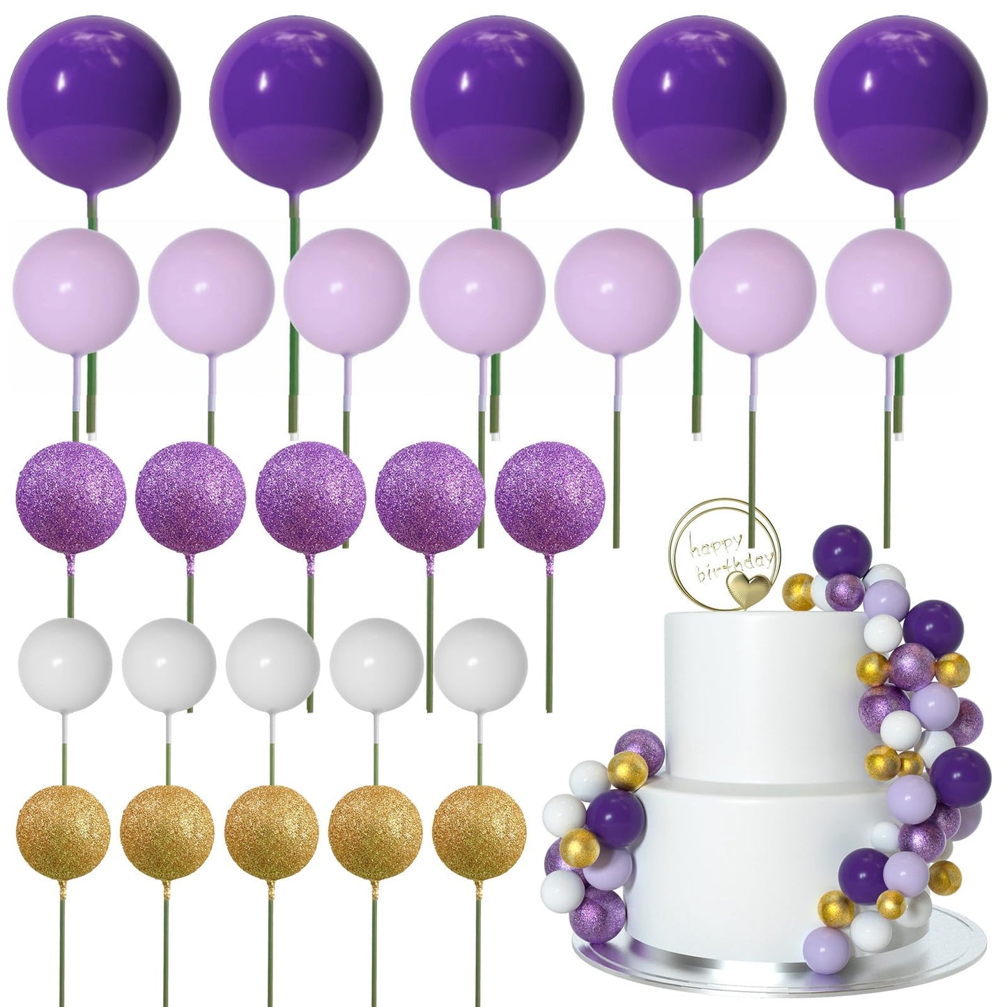 ASTARON 50 Pcs Ball Cake Topper Sticks – Purple Series Mini Balloons for Cakes