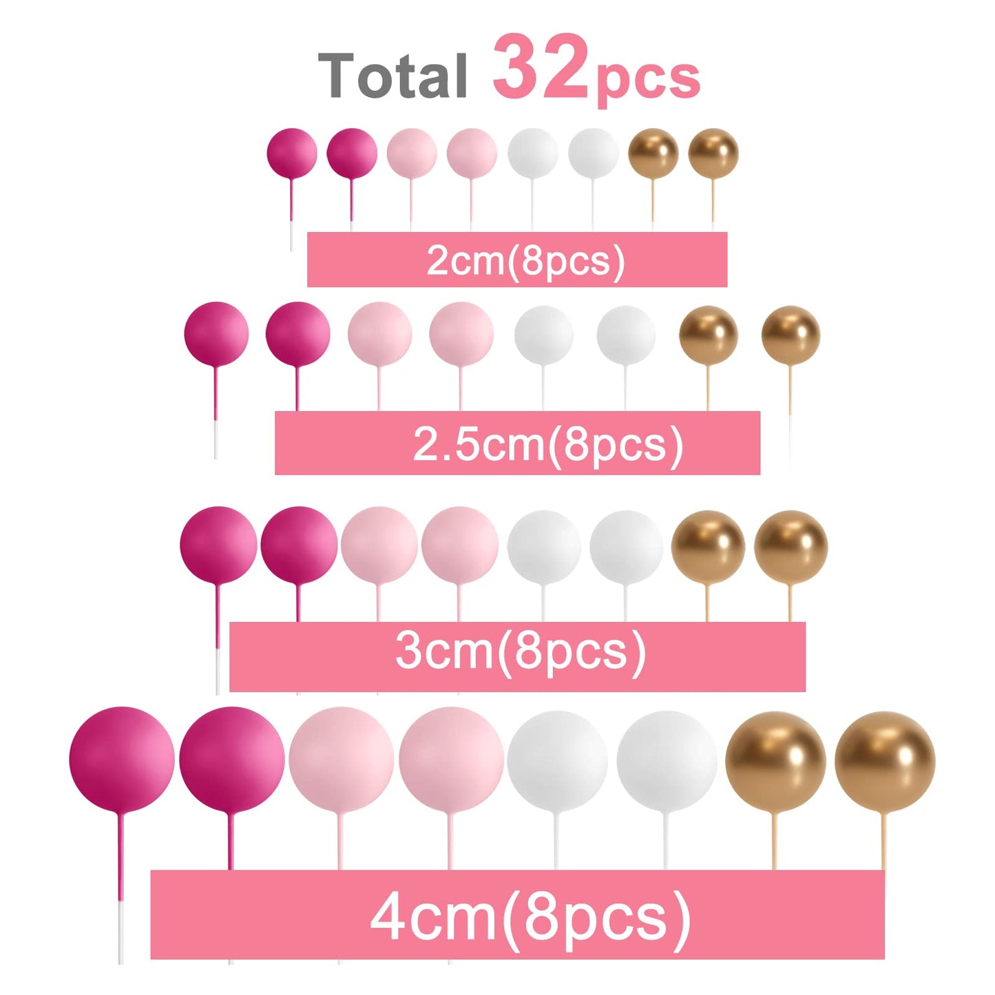 ASTARON 32 Pcs Ball Cake Toppers – Pink Gold Foam Ball Picks for Cakes & Desserts