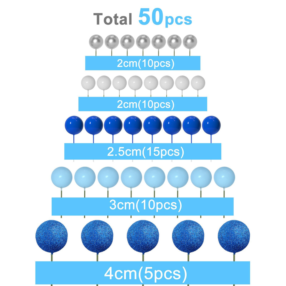 ASTARON 50 Pcs Ball Cake Toppers Blue Series – Foam Ball Decorations for Cakes & Parties