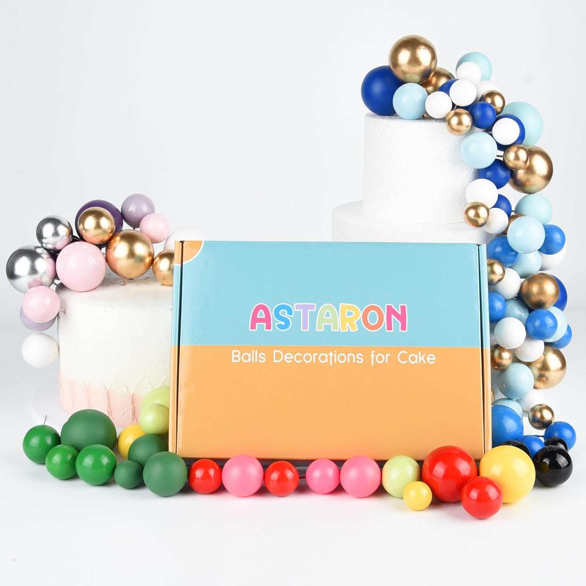 ASTARON 32 Pcs Ball Cake Topper Decorations – Gold, Silver & Black Foam Ball Picks