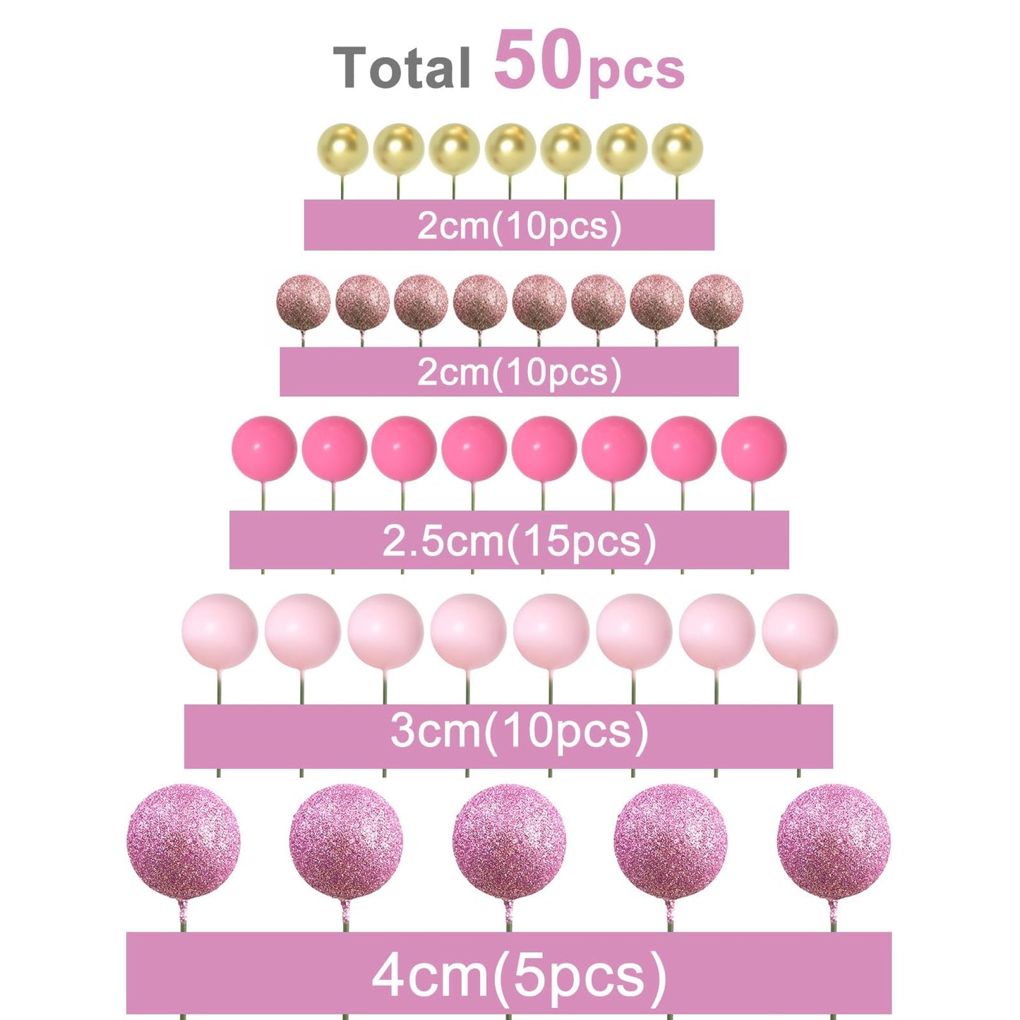 ASTARON 50 Pcs Ball Cake Topper Sticks – Mini Foam Balloon Ball Decorations for Cakes (Pink Series)