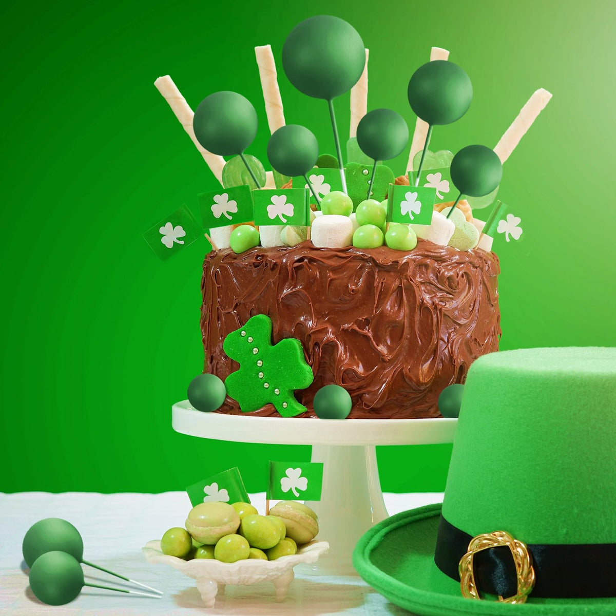ASTARON 20 Pcs Dark Green Ball Cake Toppers – Easy Foam Ball Picks for Cakes