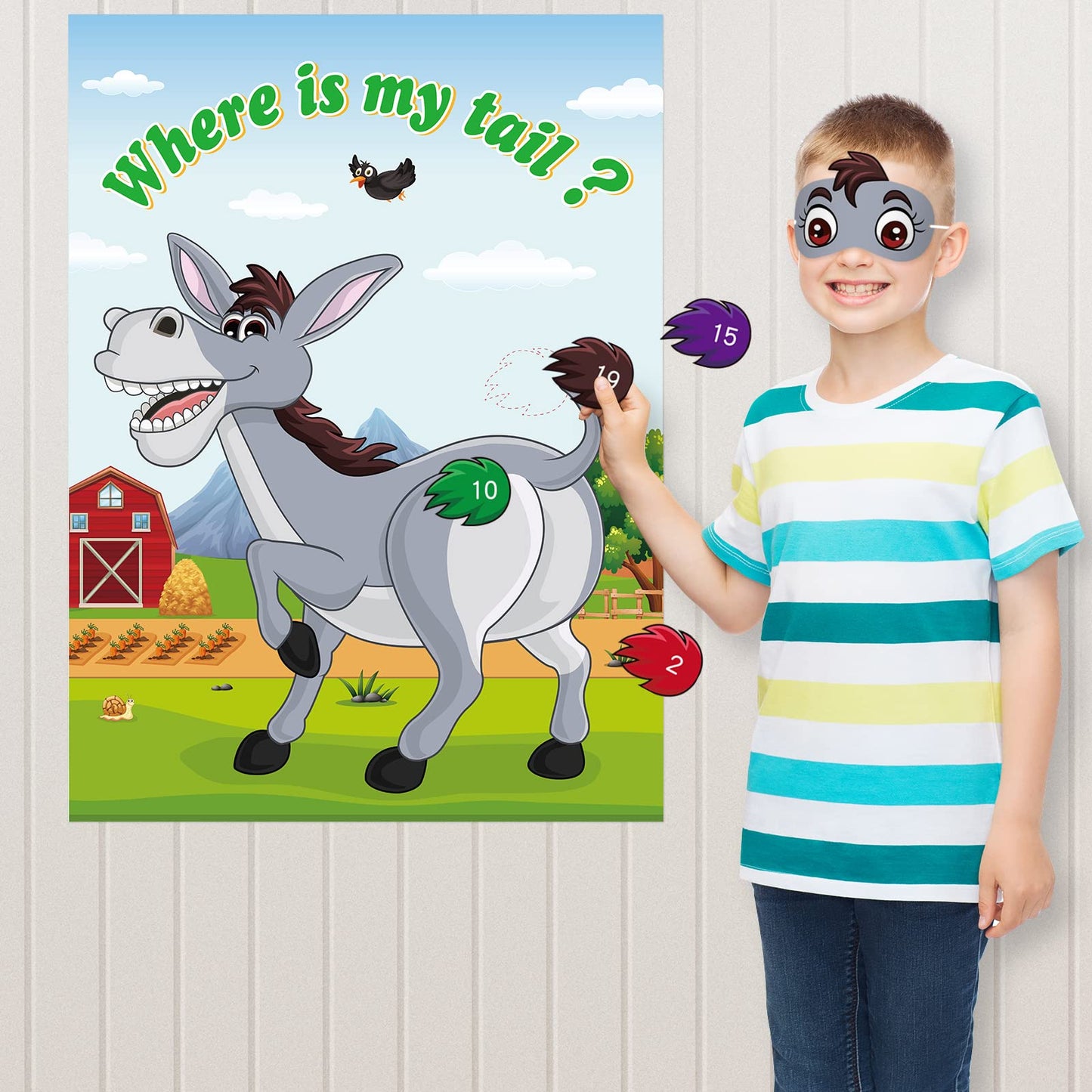 ASTARON Pin The Tail on The Donkey Game – 30 Tail Stickers for Birthday Parties, Carnival & Circus