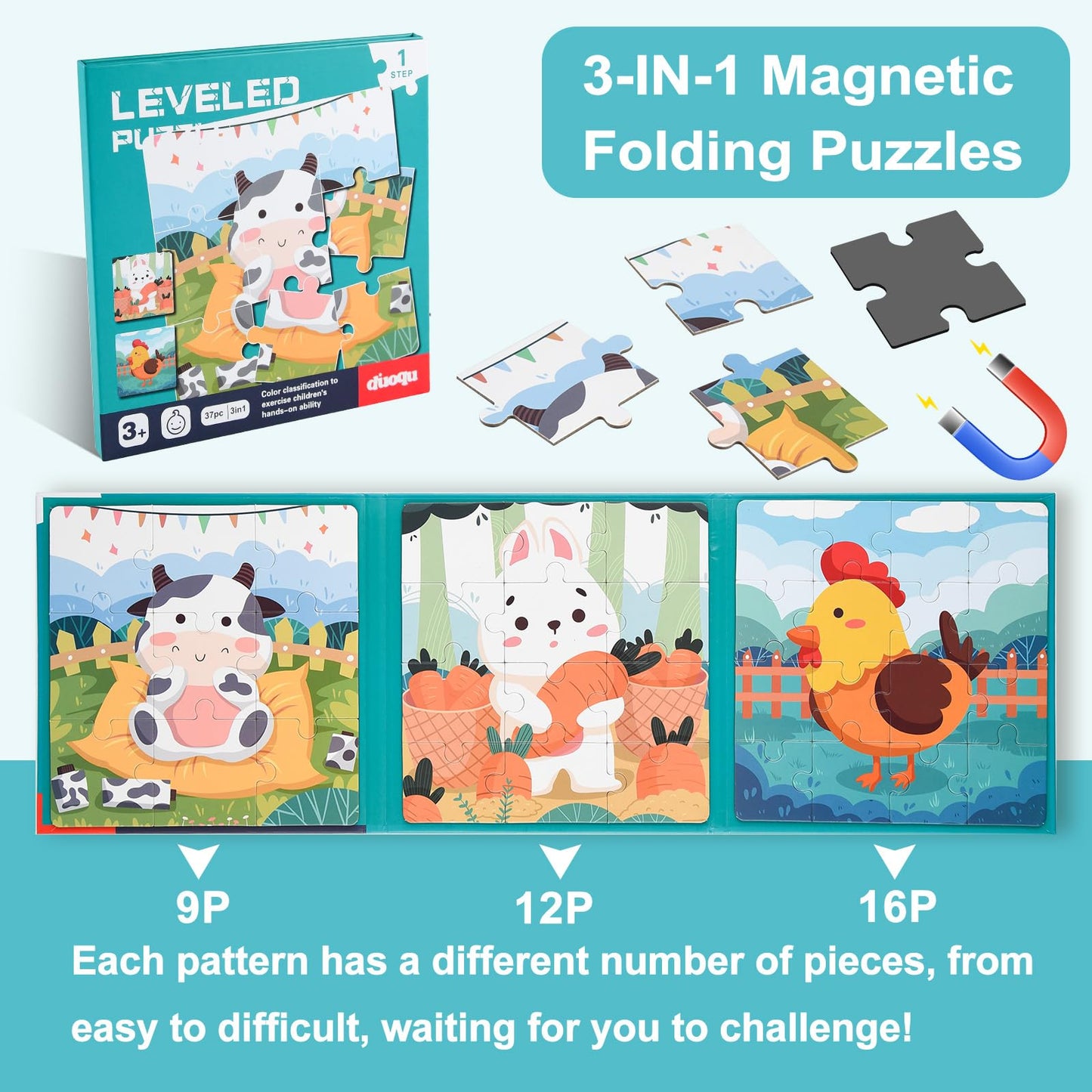 ASTARON Magnetic Farm Puzzles for Toddlers – 3-in-1 Travel Learning Toy
