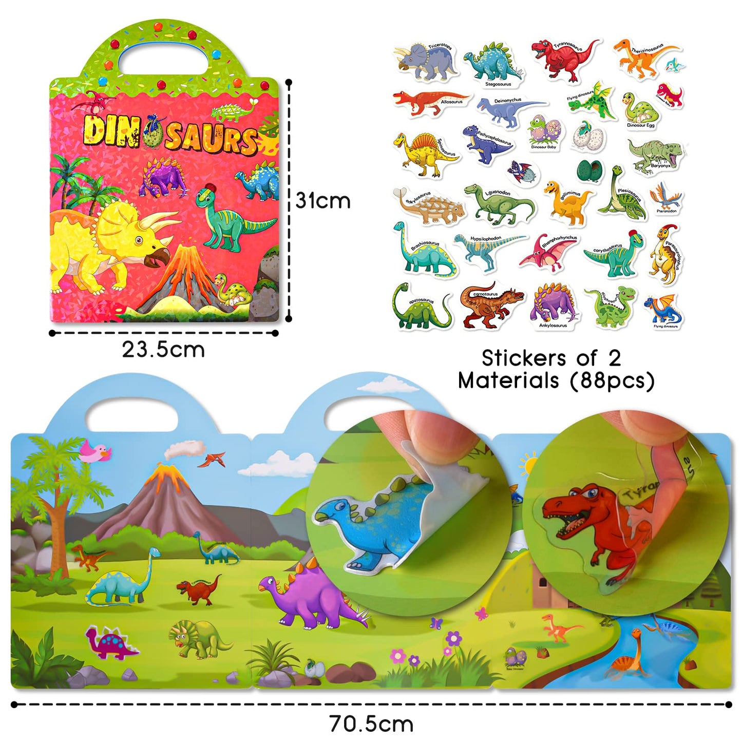 ASTARON Reusable Dinosaur Sticker Book for Toddlers - 88 Stickers & Travel Activities