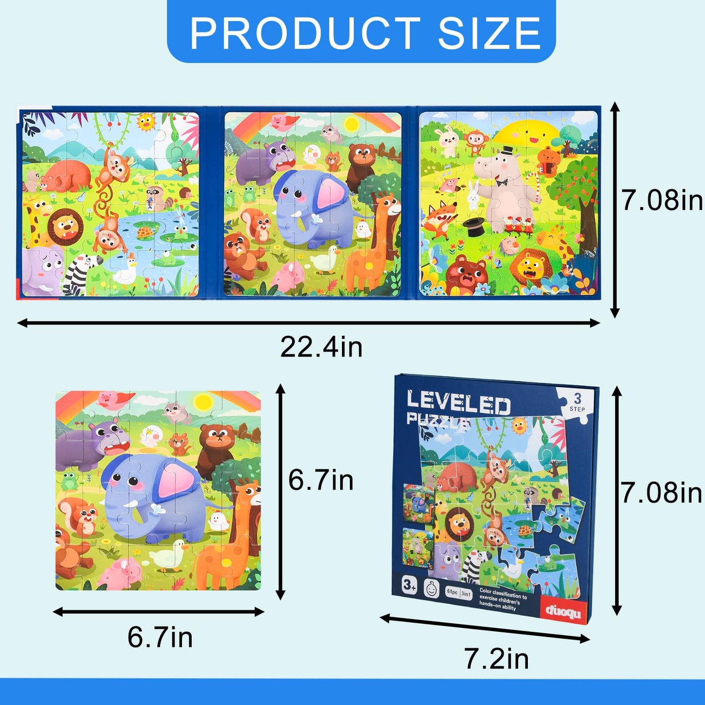 ASTARON Magnetic Puzzles for Toddlers — 3-in-1 Animal Set (16-20-25 Pieces) Travel Activity