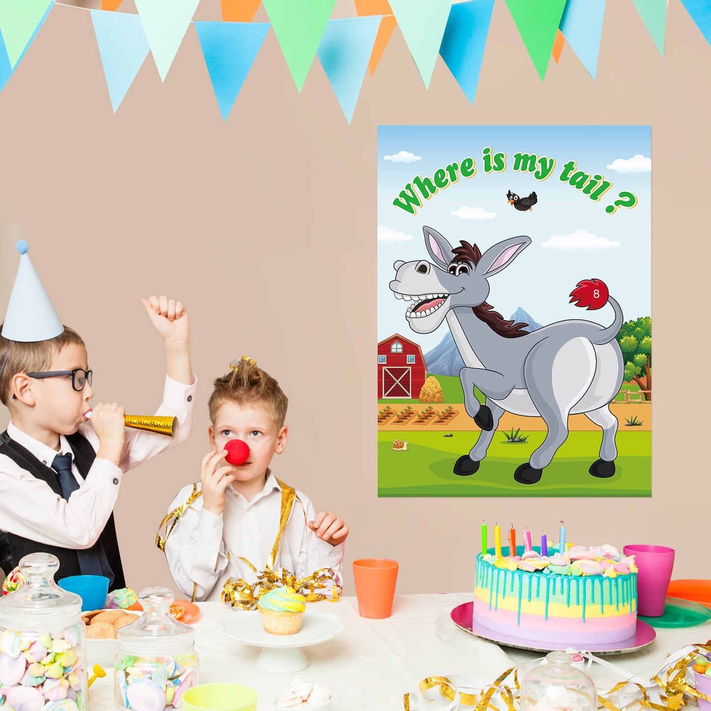 ASTARON Pin The Tail on The Donkey Game – 30 Tail Stickers for Birthday Parties, Carnival & Circus