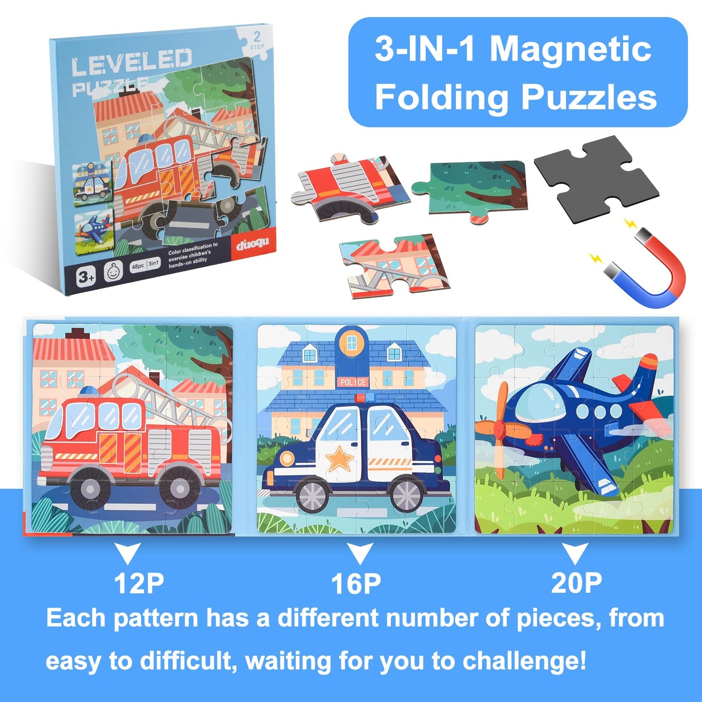 ASTARON Magnetic Vehicle Puzzles for Toddlers — 12-16-20 Piece Learning Sets for Travel