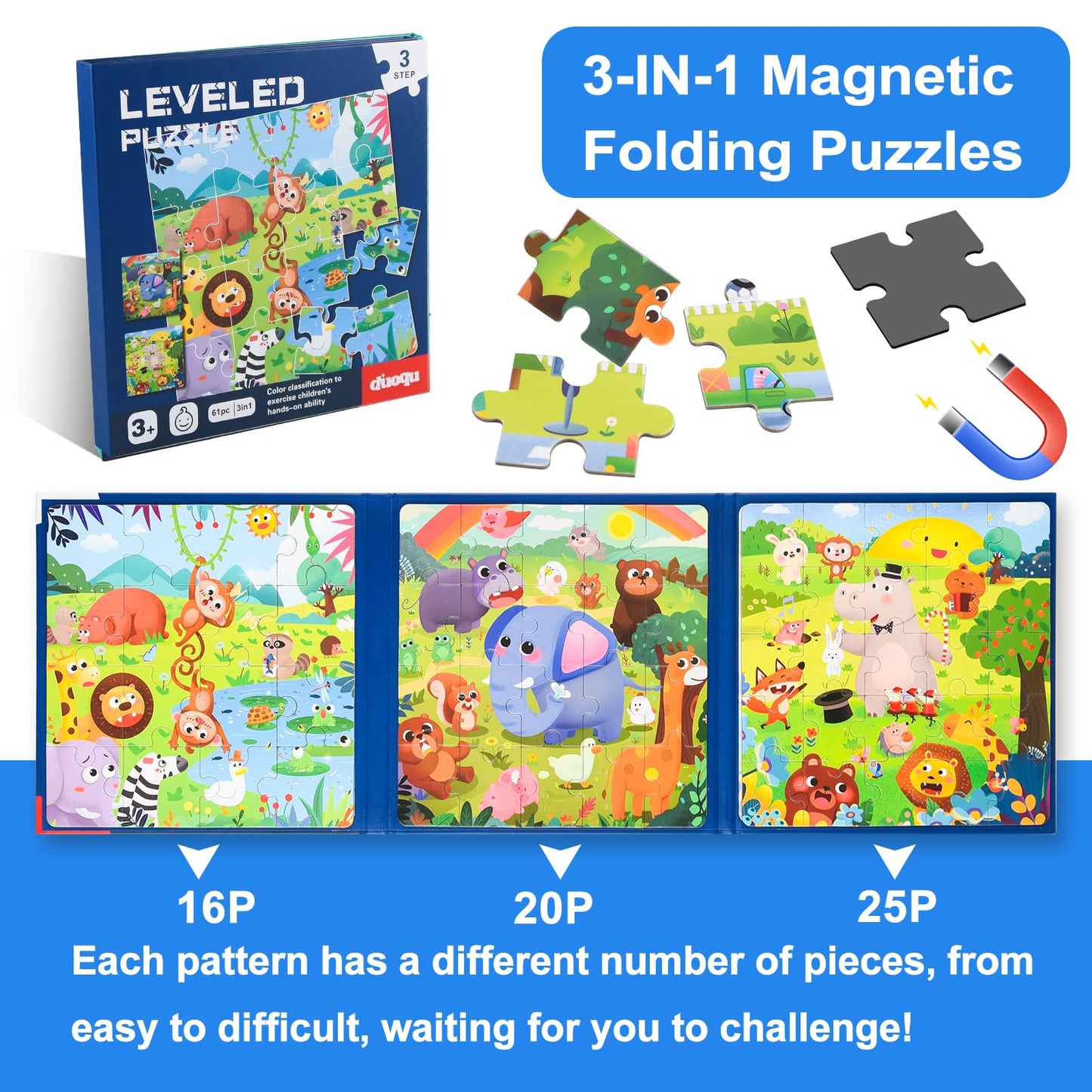 ASTARON Magnetic Puzzles for Toddlers — 3-in-1 Animal Set (16-20-25 Pieces) Travel Activity