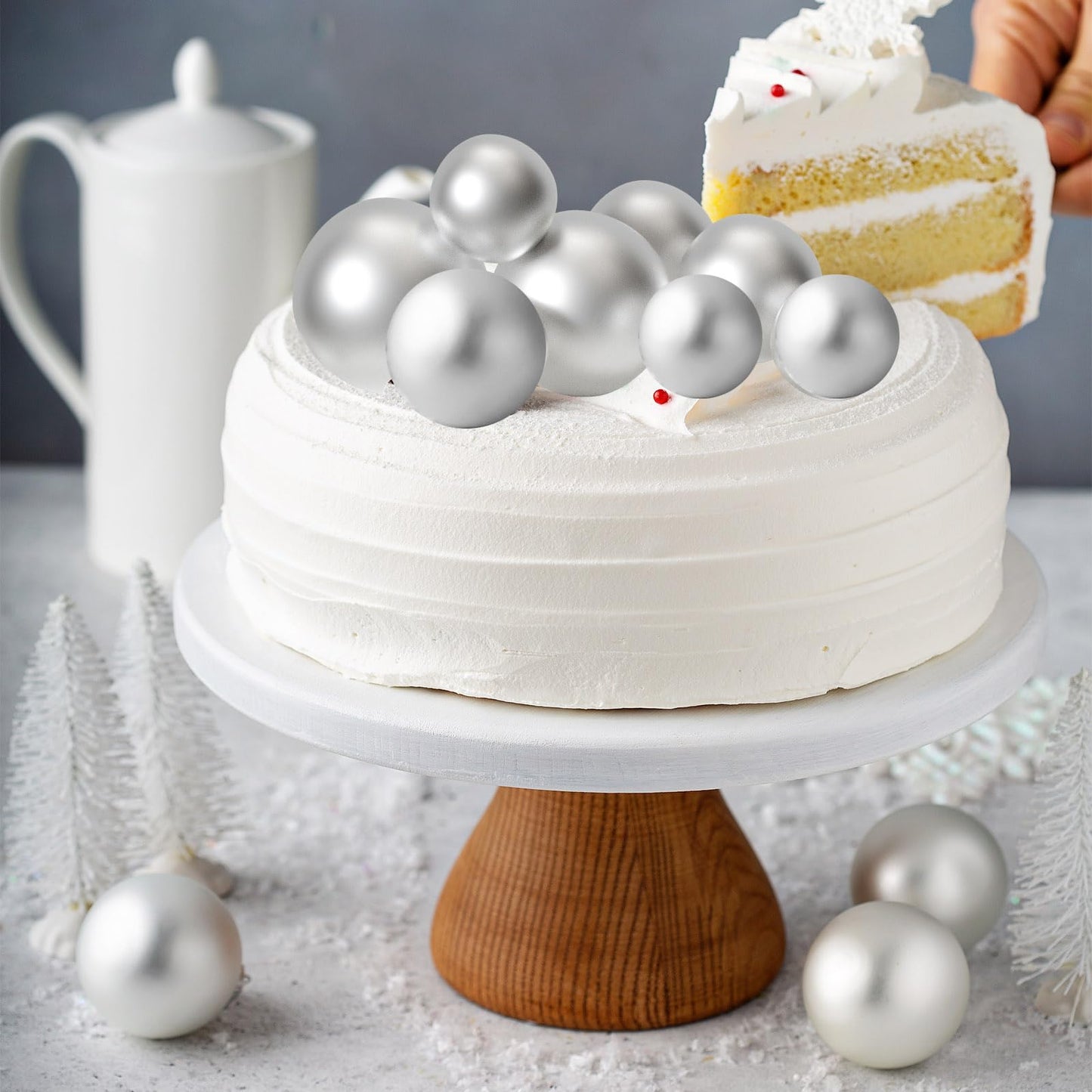 ASTARON 20 Pcs Ball Cake Toppers – Silver Foam Ball Decorations
