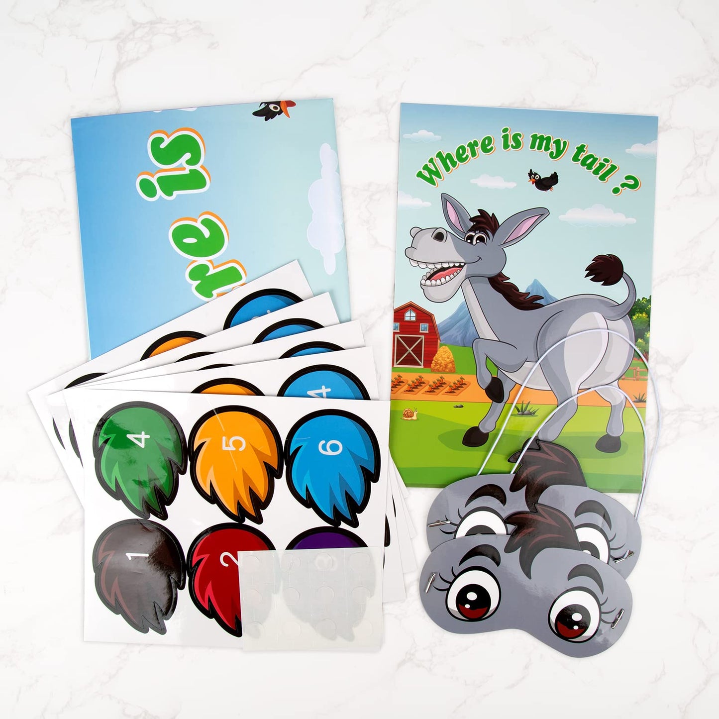 ASTARON Pin The Tail on The Donkey Game – 30 Tail Stickers for Birthday Parties, Carnival & Circus