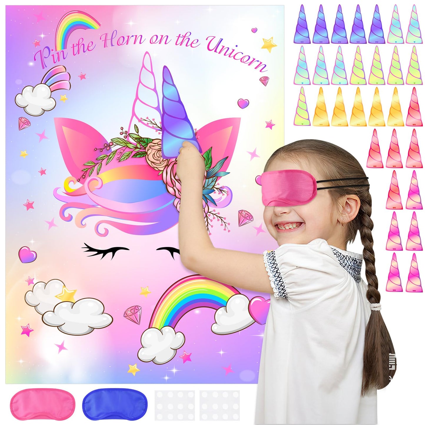 ASTARON Pin The Horn on The Unicorn Game – Unicorn Party Game with 30 Horn Stickers