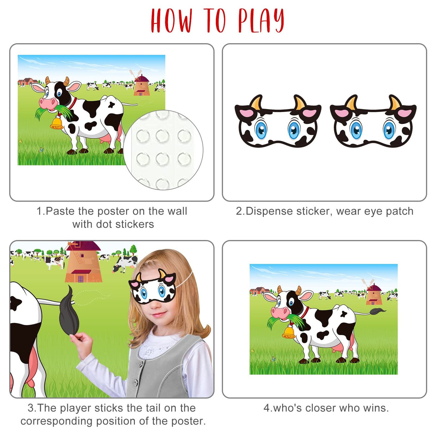 ASTARON Pin The Tail on The Cow Game — 30 Tail Stickers for Farm Party Fun