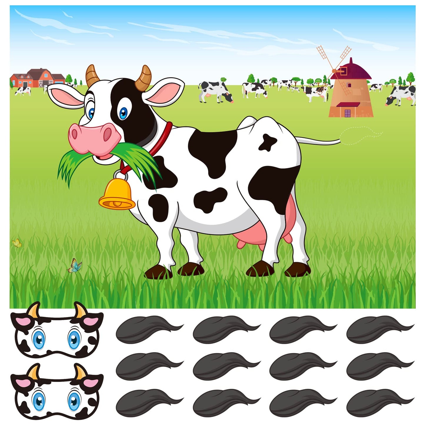 ASTARON Pin The Tail on The Cow Game — 30 Tail Stickers for Farm Party Fun