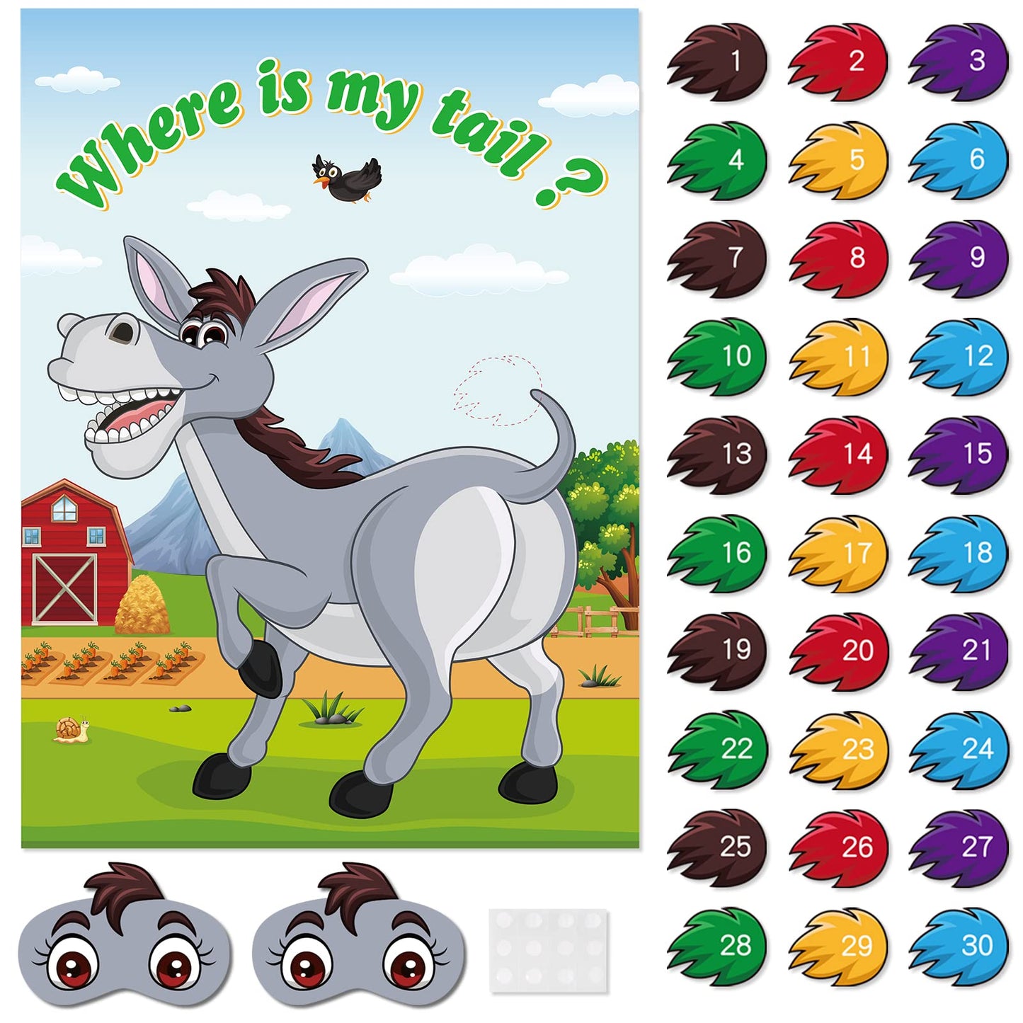ASTARON Pin The Tail on The Donkey Game – 30 Tail Stickers for Birthday Parties, Carnival & Circus