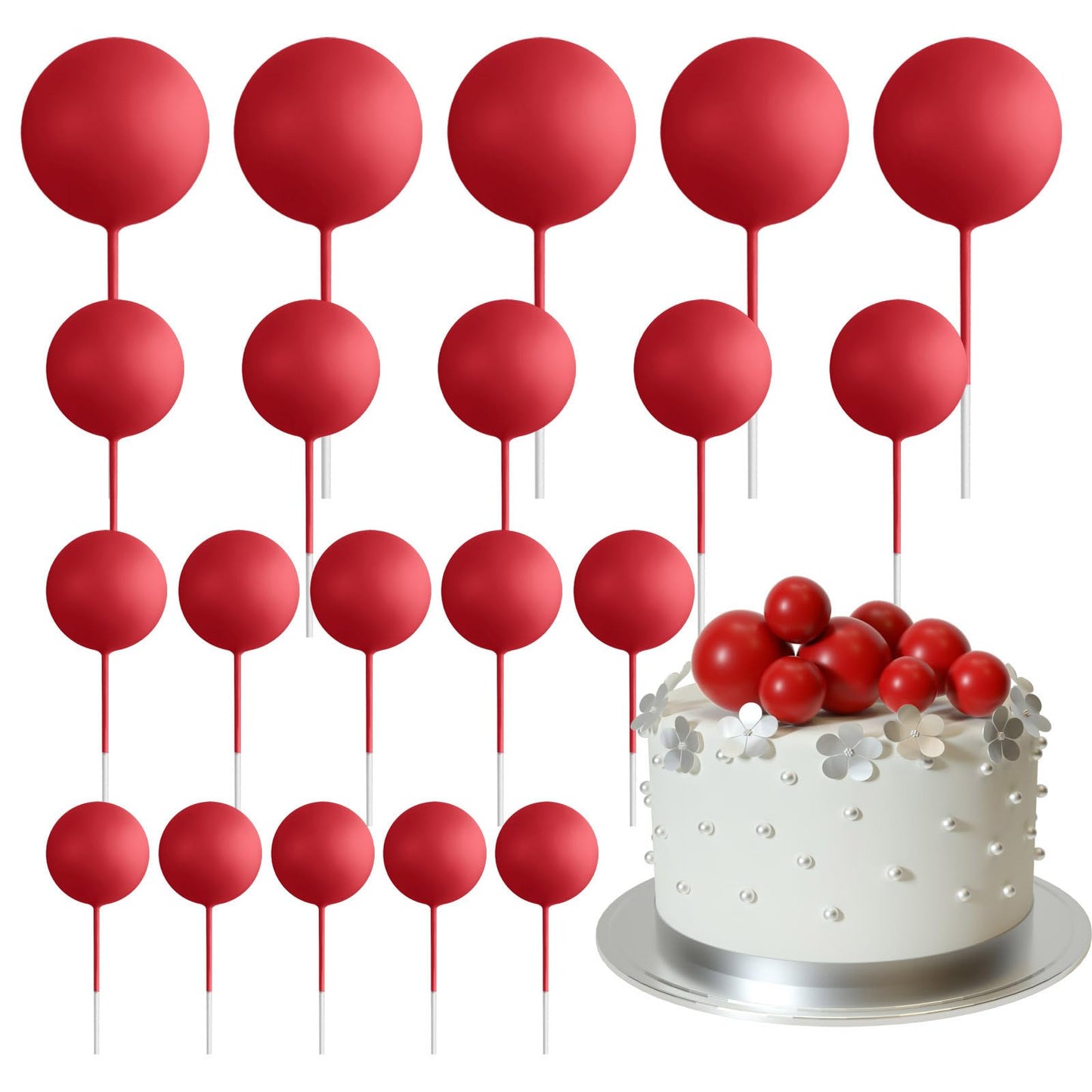 ASTARON 20 Pcs Red Ball Cake Topper Decorations – Mini Balloon Cake Picks for Parties