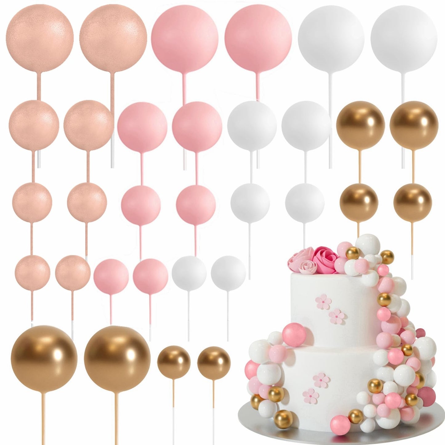 ASTARON 32 Pcs Ball Cake Topper Decorations – Rose Gold & Pink Foam Ball Toppers for Weddings & Parties