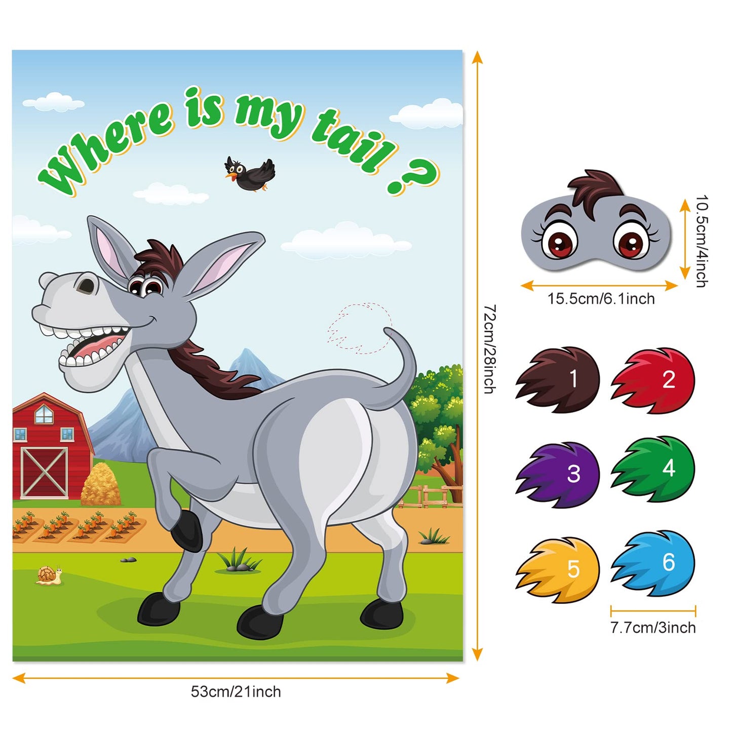ASTARON Pin The Tail on The Donkey Game – 30 Tail Stickers for Birthday Parties, Carnival & Circus