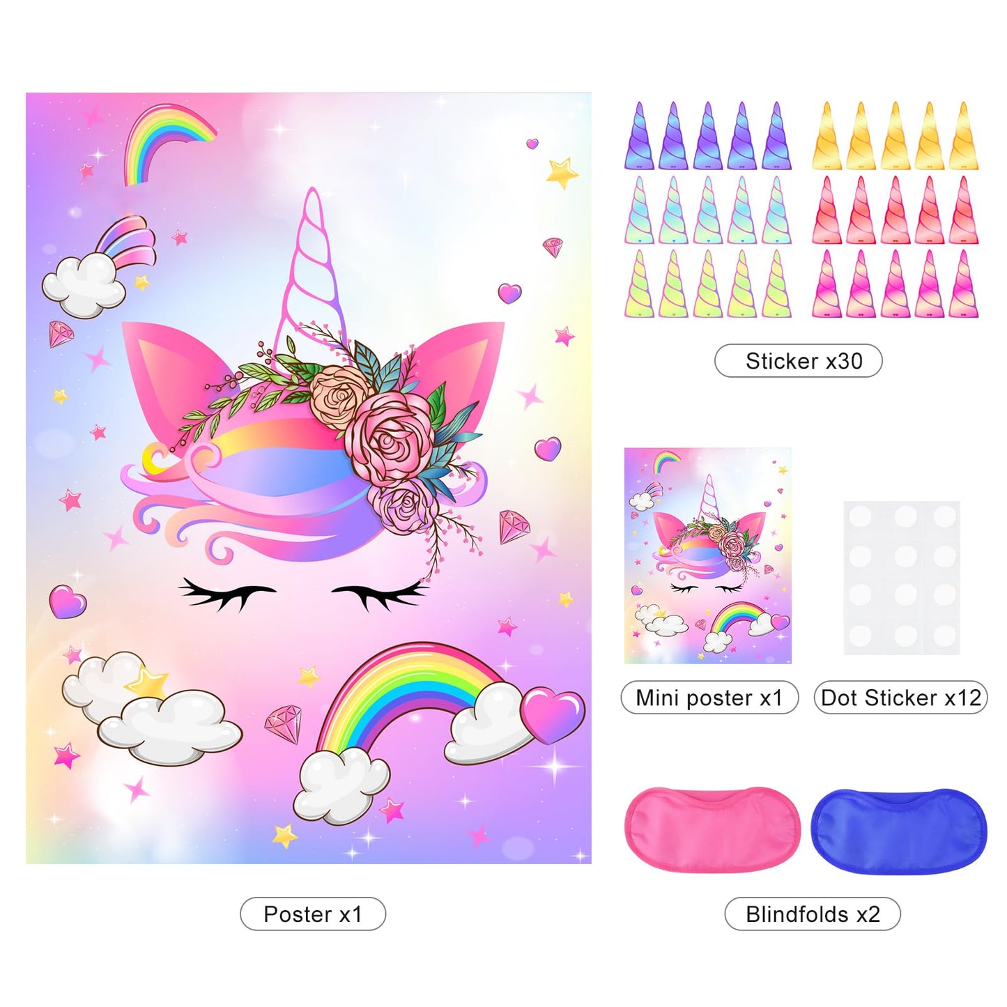 ASTARON Pin The Horn on The Unicorn Game – Unicorn Party Game with 30 Horn Stickers