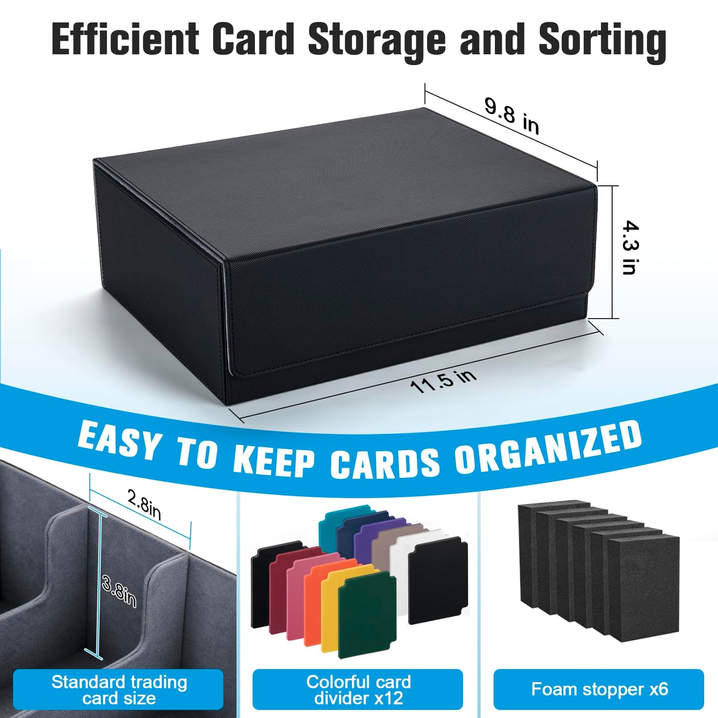 Astrell Trading Card Storage Box — 1800+ Card Capacity, 12 Dividers, 6 Foam Stoppers, Magnetic Closure