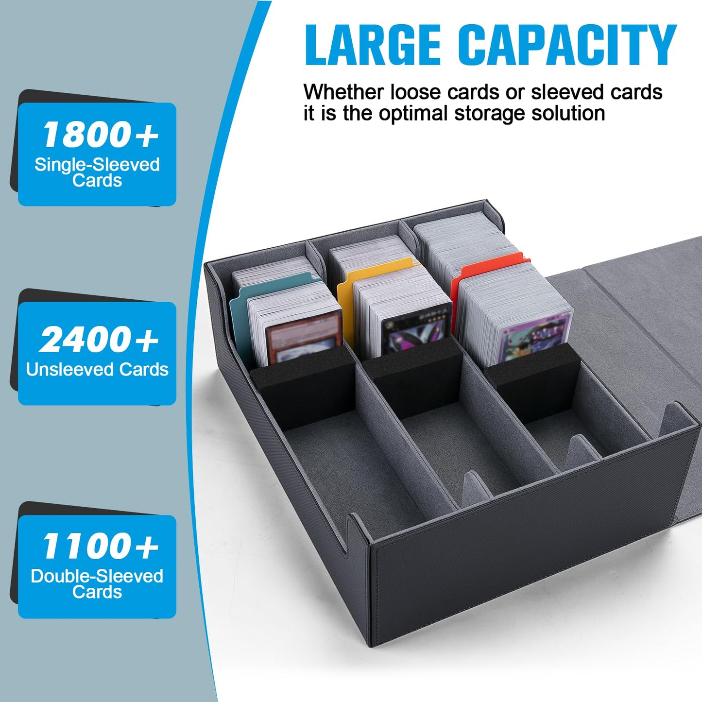 Astrell Trading Card Storage Box — 1800+ Card Capacity, 12 Dividers, 6 Foam Stoppers, Magnetic Closure