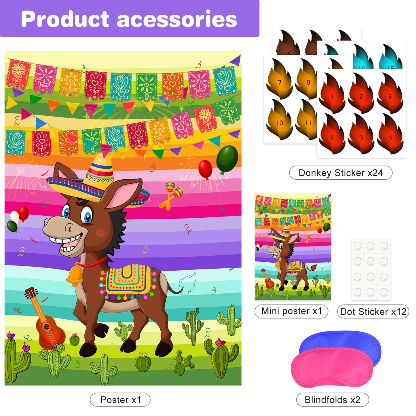 ASTARON Pin The Tail on The Donkey - 24 Tail Stickers for Cinco De Mayo Party