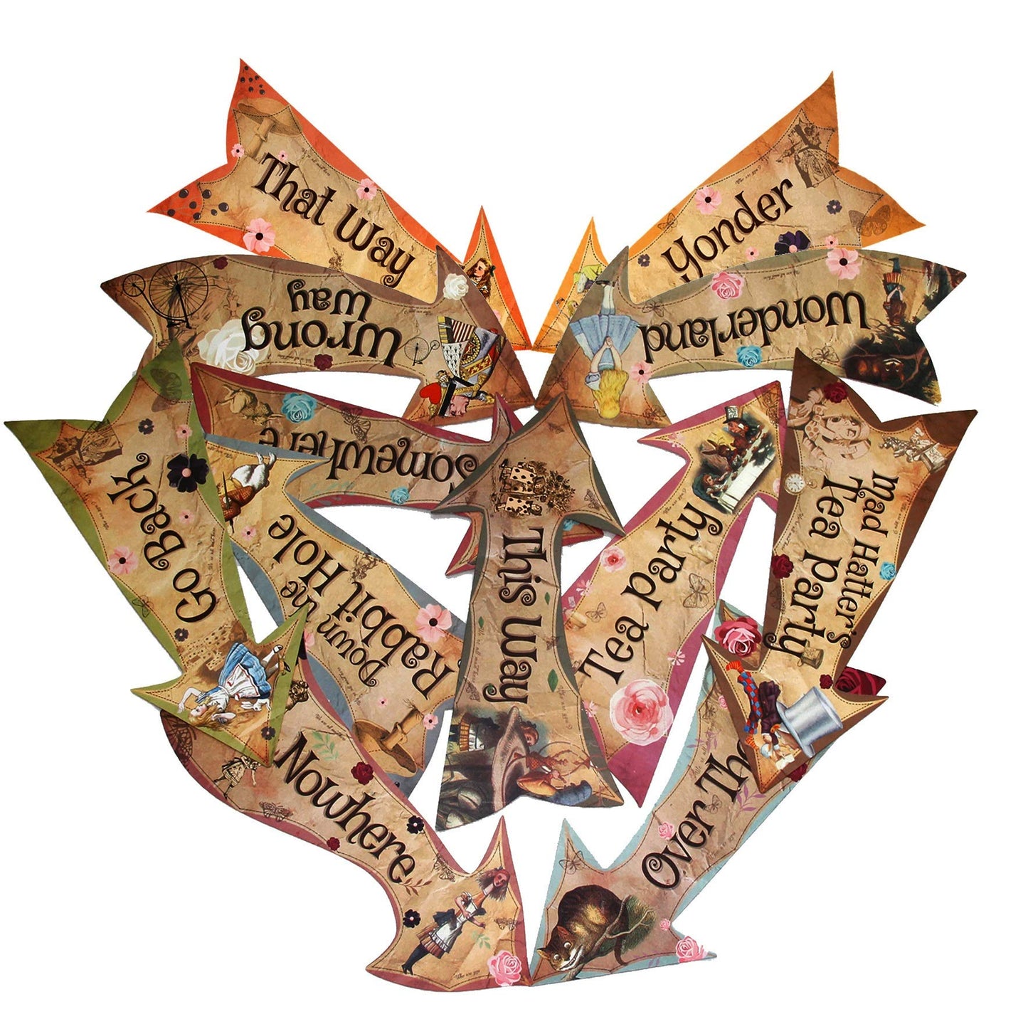 ASVP Shop Alice in Wonderland Arrow Signs – Mad Hatter Tea Party Props (Pack of 12)