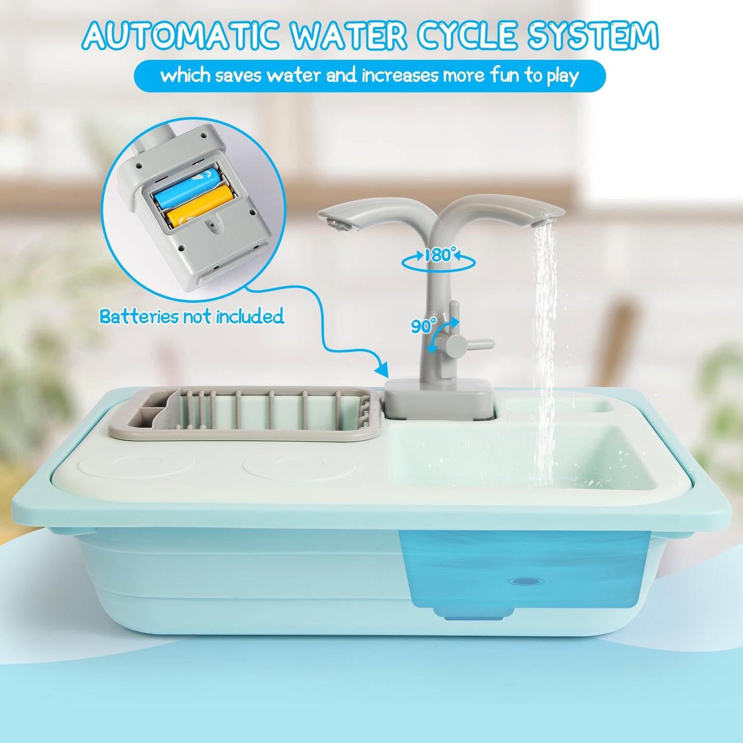 Asweets Color-Changing Kitchen Sink Toys Blue – Toddler Set with Automatic Water Cycle