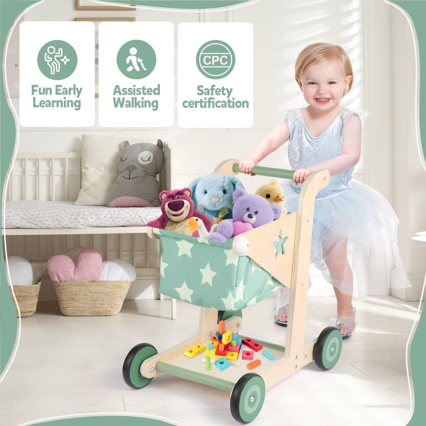 Asweets 2-in-1 Wooden Baby Walker – Push & Pull Doll Stroller (Green)