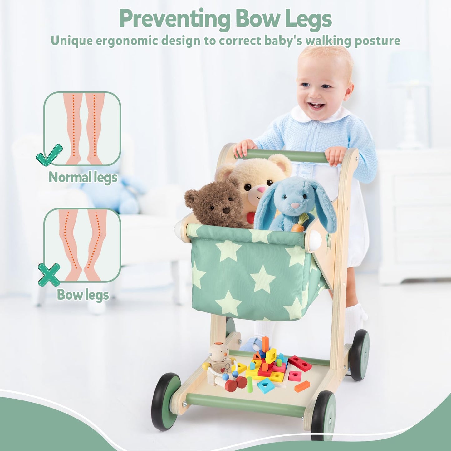 Asweets 2-in-1 Wooden Baby Walker – Push & Pull Doll Stroller (Green)
