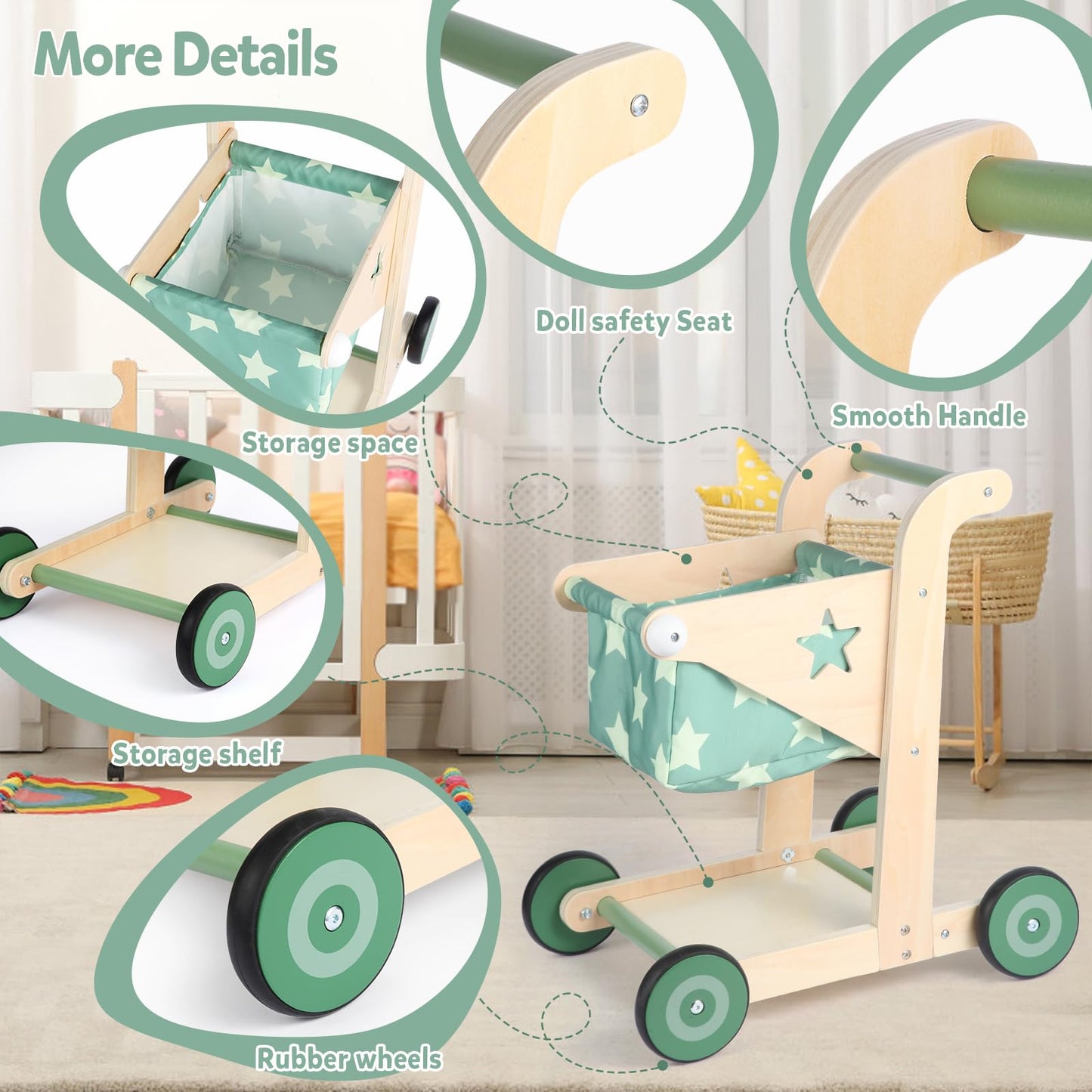 Asweets 2-in-1 Wooden Baby Walker – Push & Pull Doll Stroller (Green)
