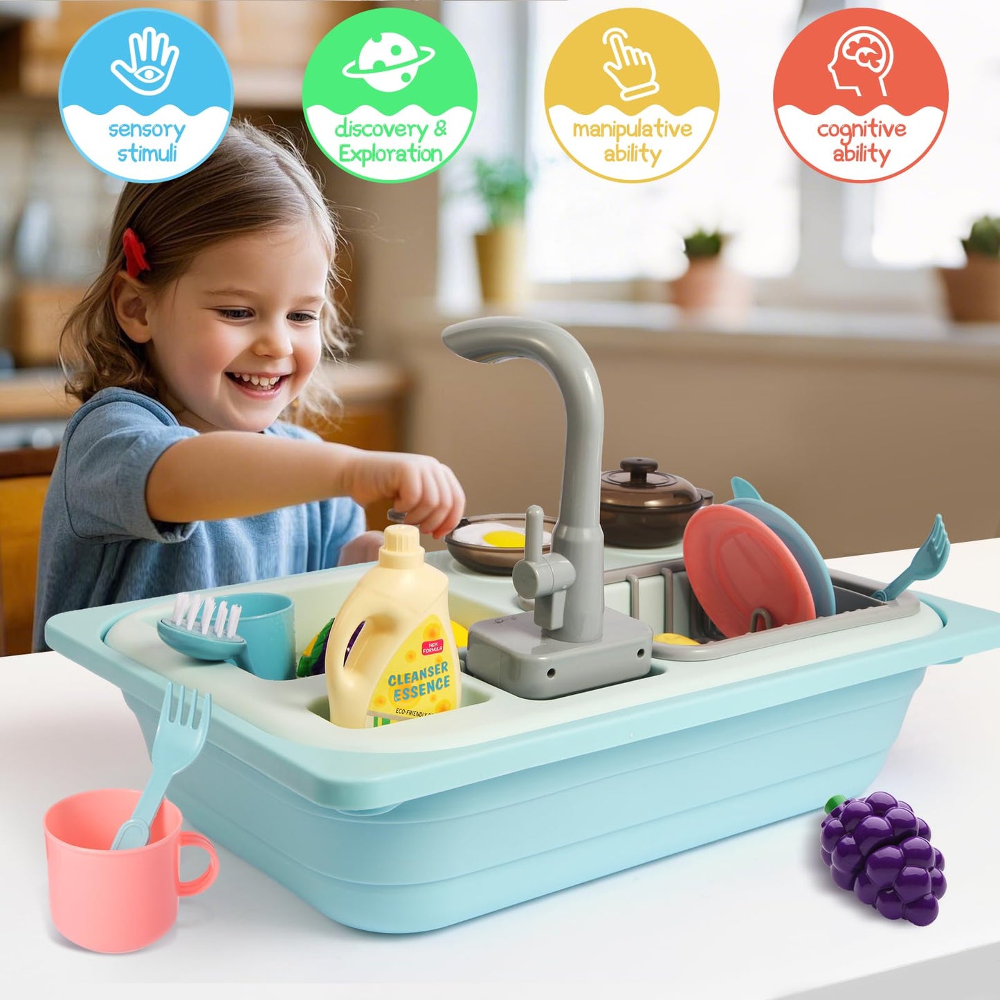 Asweets Color-Changing Kitchen Sink Toys Blue – Toddler Set with Automatic Water Cycle