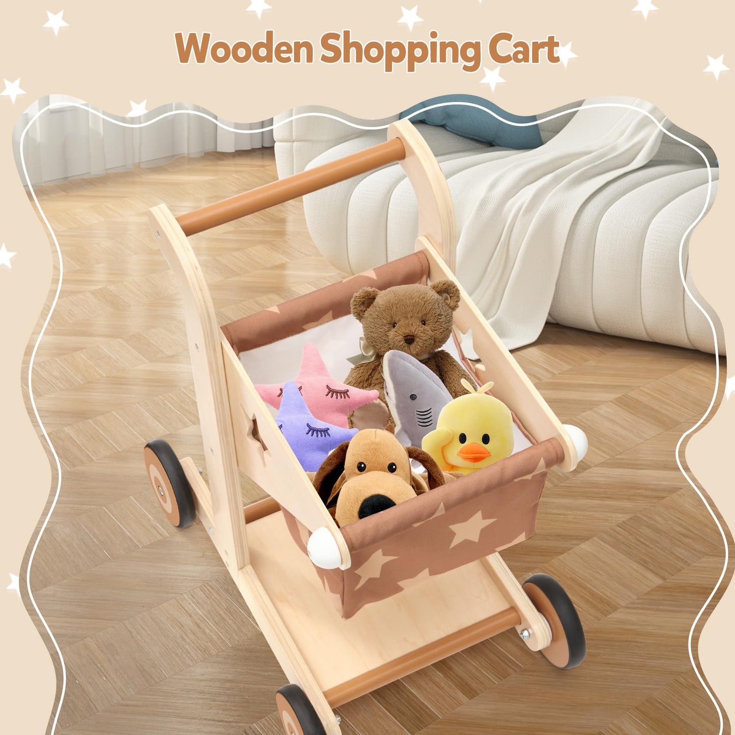 Asweets 2-in-1 Wooden Baby Walker Push & Pull Doll Stroller for Toddlers