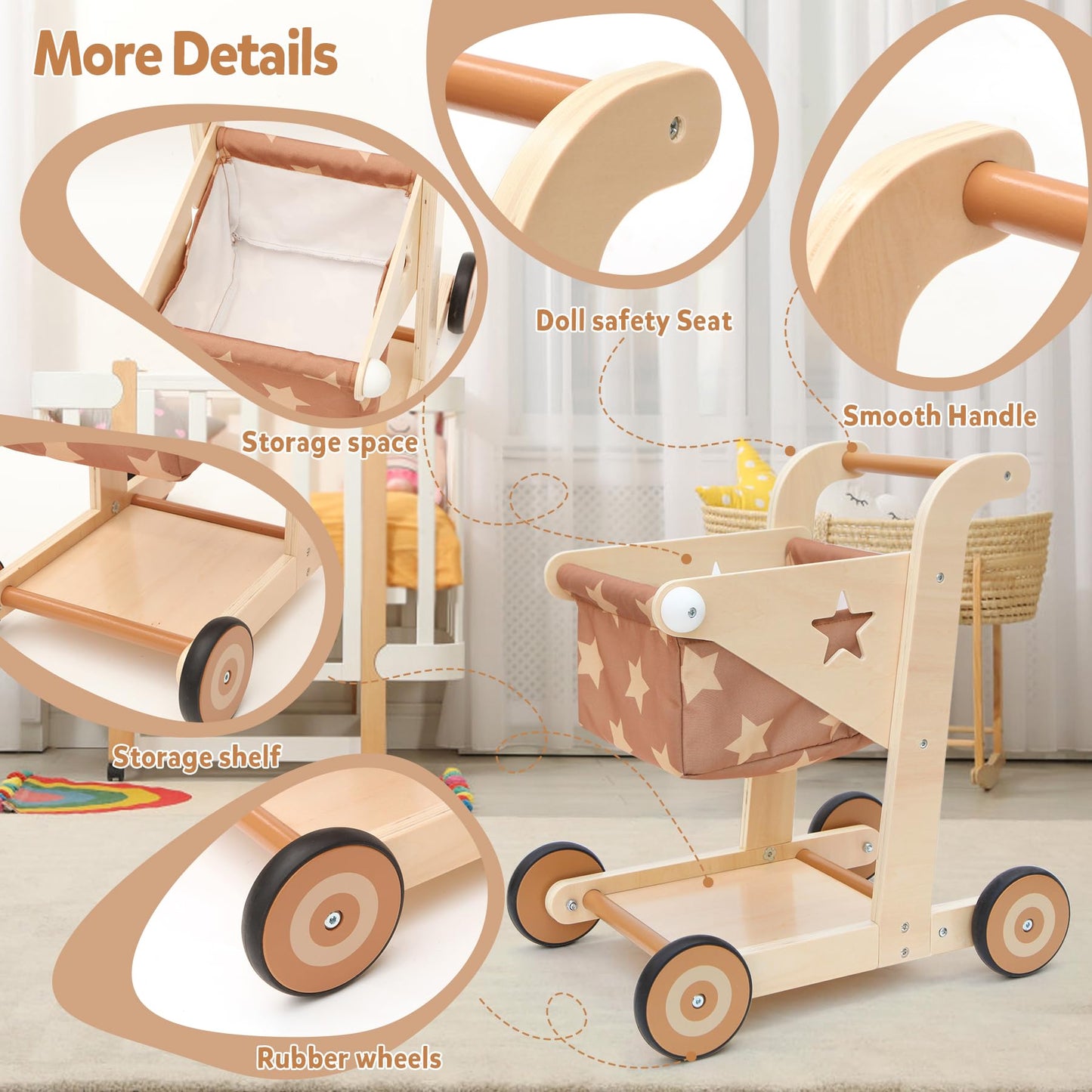 Asweets 2-in-1 Wooden Baby Walker Push & Pull Doll Stroller for Toddlers
