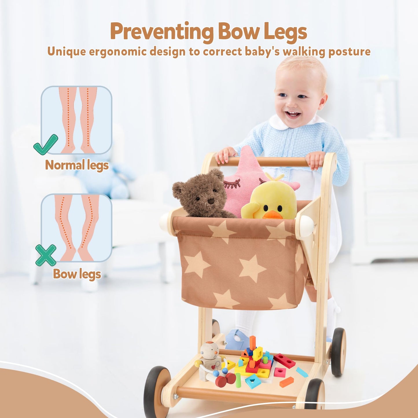 Asweets 2-in-1 Wooden Baby Walker Push & Pull Doll Stroller for Toddlers