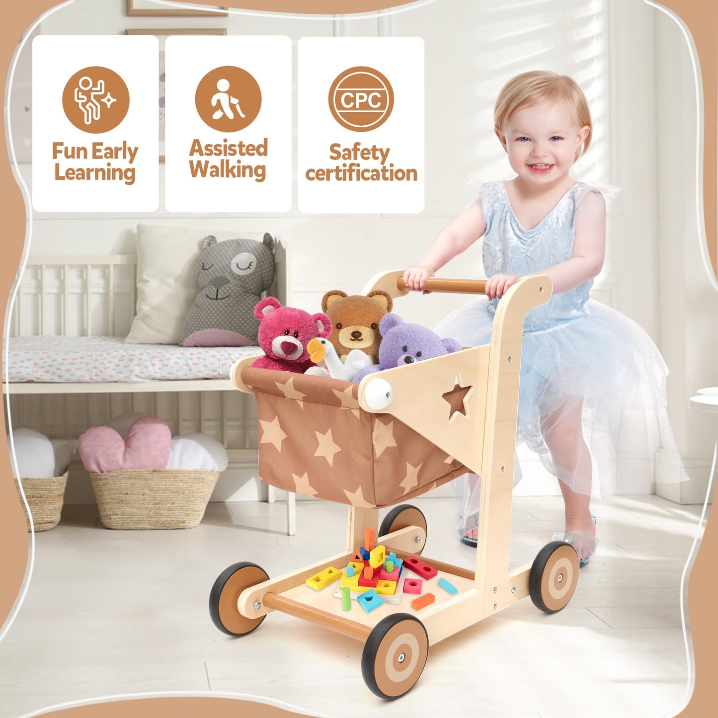 Asweets 2-in-1 Wooden Baby Walker Push & Pull Doll Stroller for Toddlers