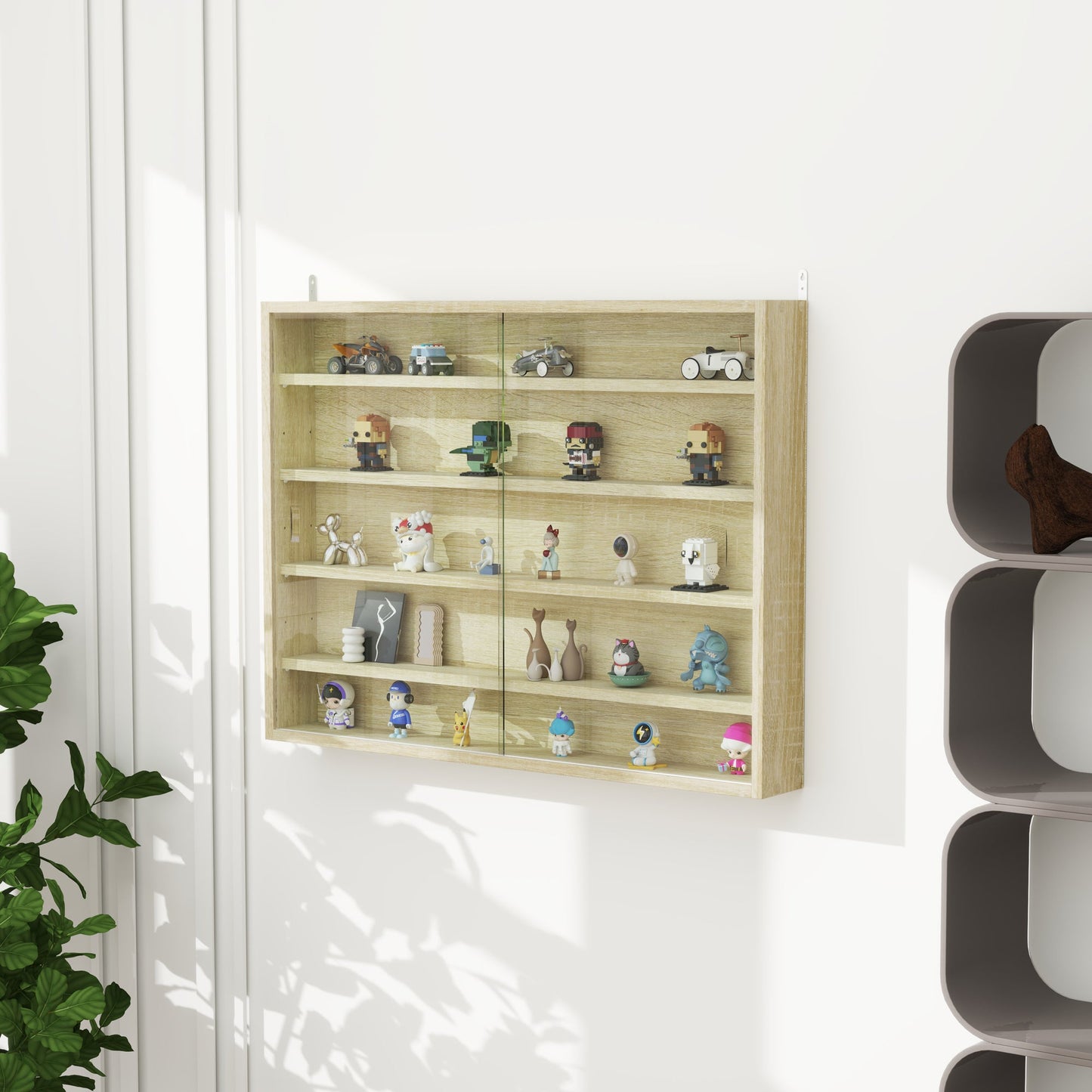 HOMCOM 5-Tier Wall Display Shelf Unit Cabinet w/ Shelves Glass Doors Oak