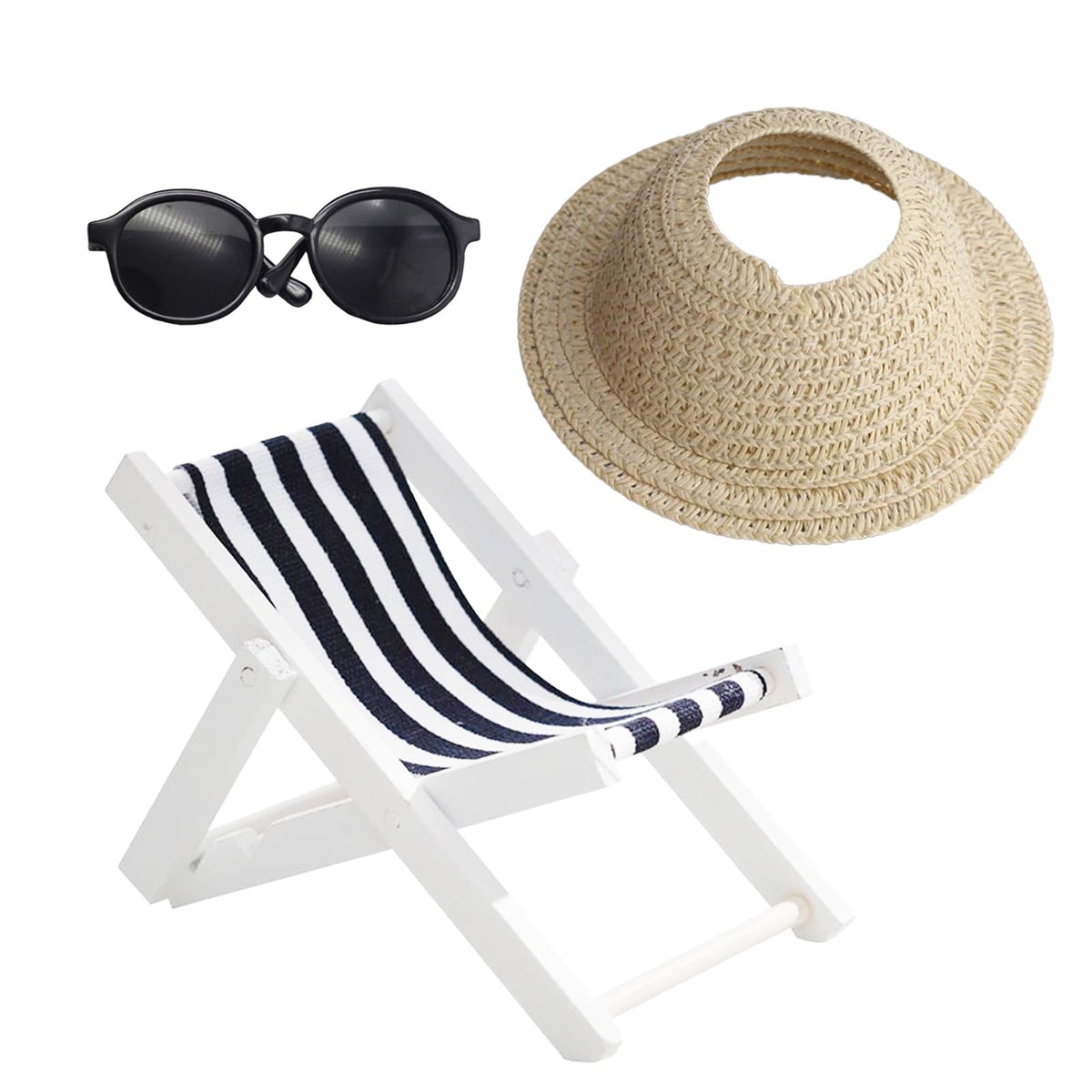 ATCCPYDM 17cm Doll Accessories Set – Mini Beach Hat, Sunglasses & Wooden Folding Chairs (Labubu 15/17cm Compatible)