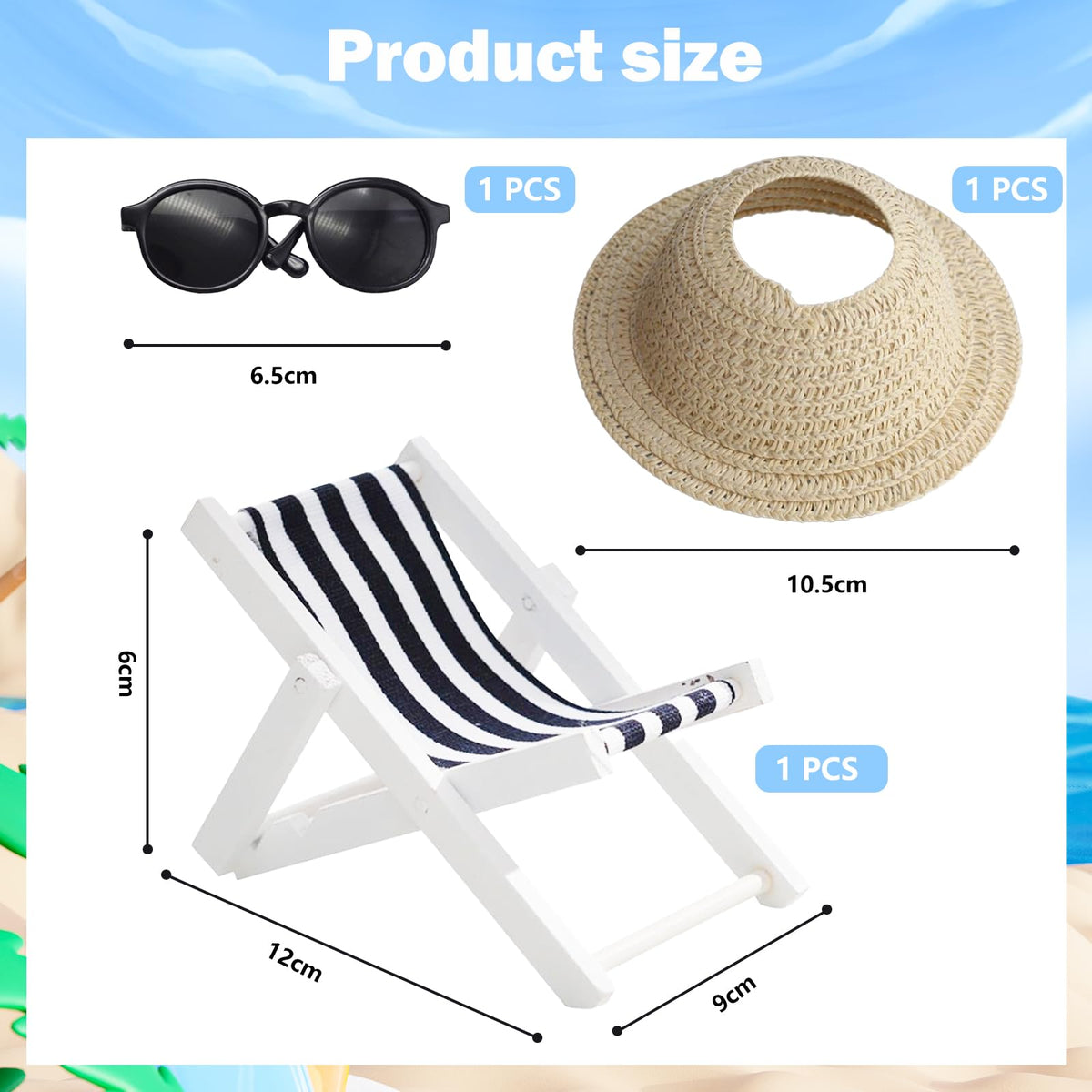 ATCCPYDM 17cm Doll Accessories Set – Mini Beach Hat, Sunglasses & Wooden Folding Chairs (Labubu 15/17cm Compatible)