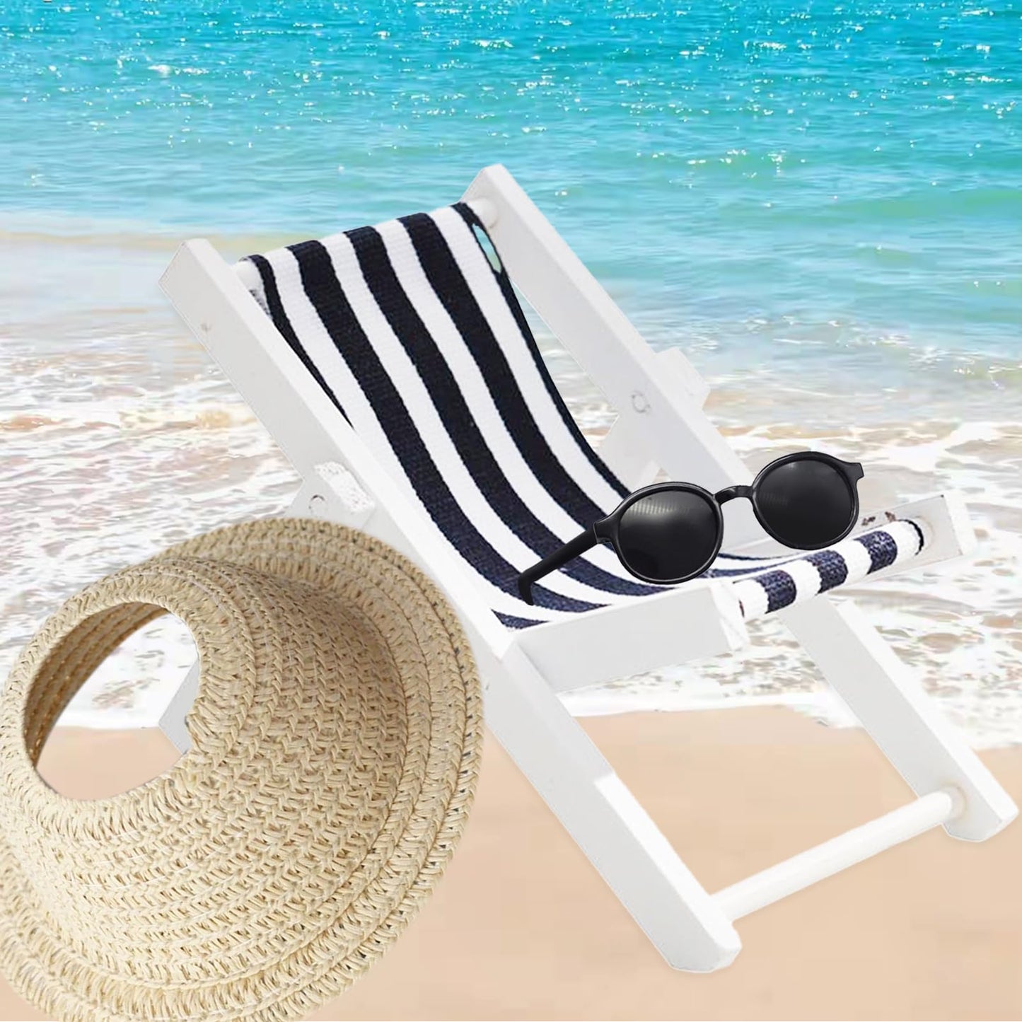 ATCCPYDM 17cm Doll Accessories Set – Mini Beach Hat, Sunglasses & Wooden Folding Chairs (Labubu 15/17cm Compatible)