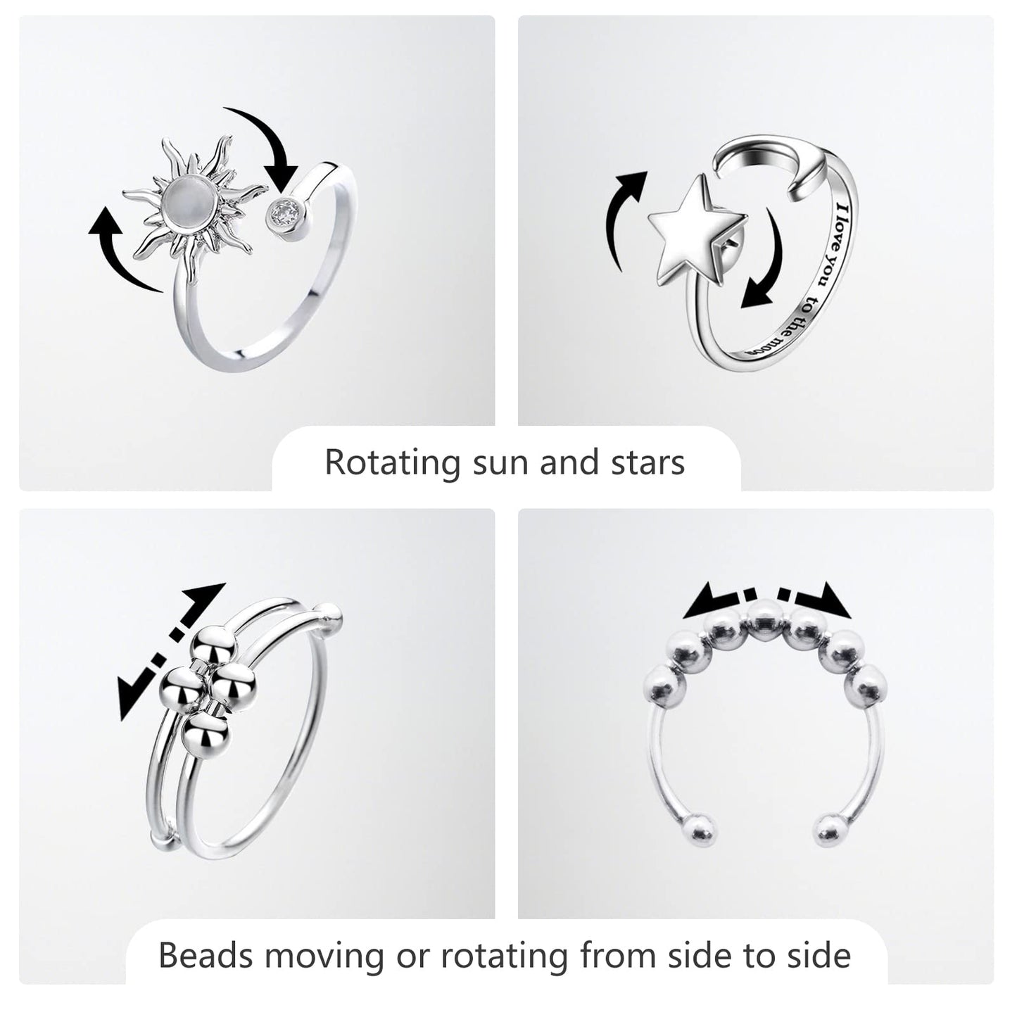 ATCEME 4PCS Fidget Rings for Women | Adjustable Spinner Set – Sun Moon Star Bead, Stainless Steel