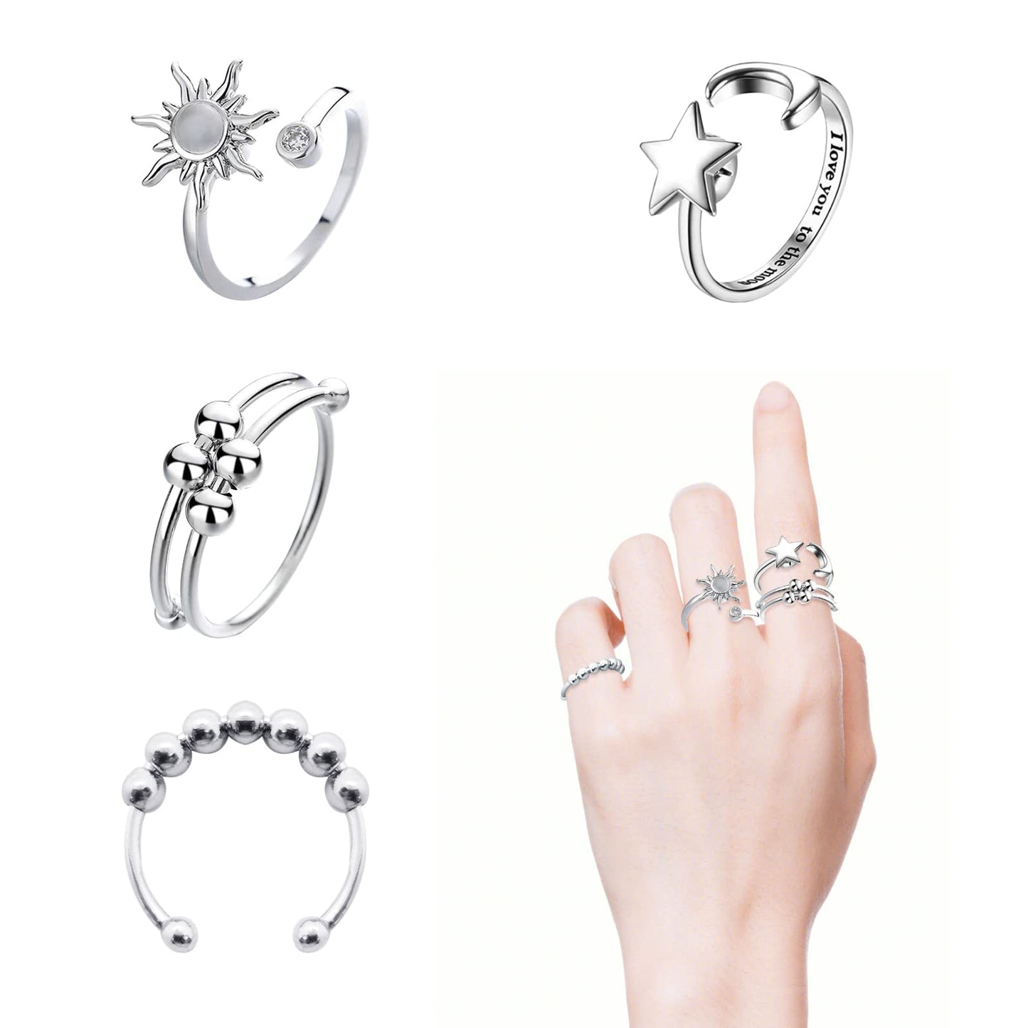 ATCEME 4PCS Fidget Rings for Women | Adjustable Spinner Set – Sun Moon Star Bead, Stainless Steel