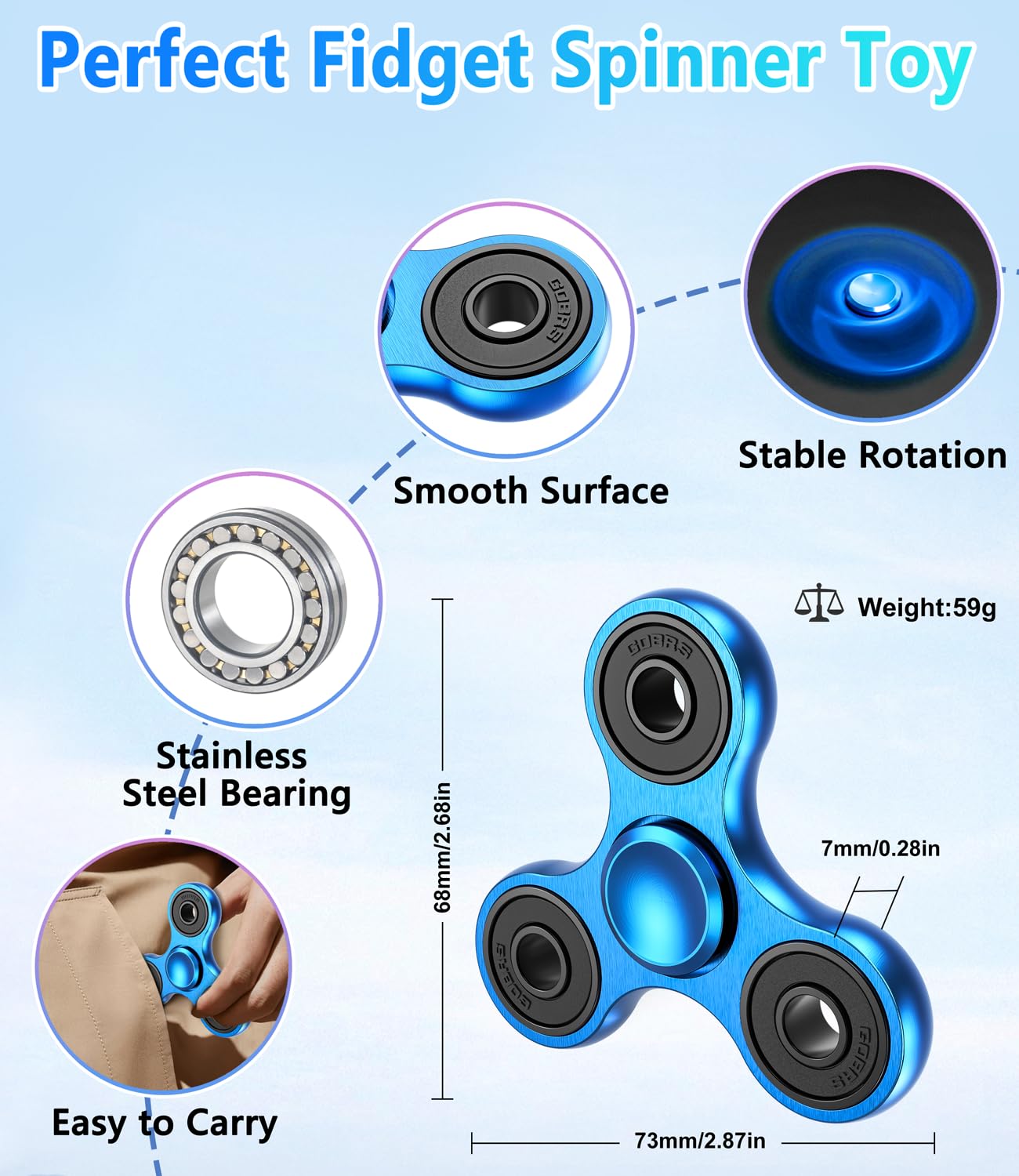 ATESSON Fidget Spinner — Ultra Durable Stainless Steel Bearing, High-Speed 3-5 Minute Spins